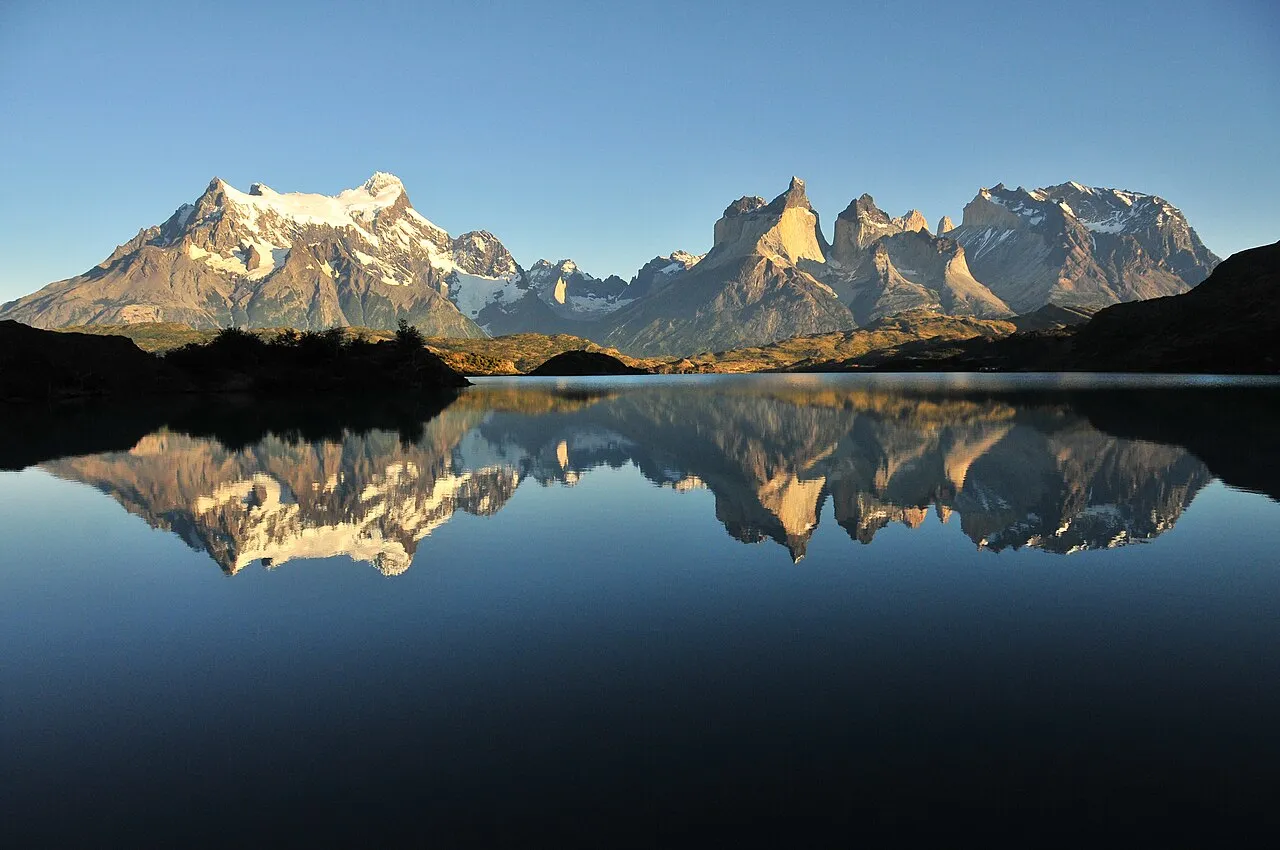Torres del Paine massif reflected in Lago Grey, Patagonia, Chile