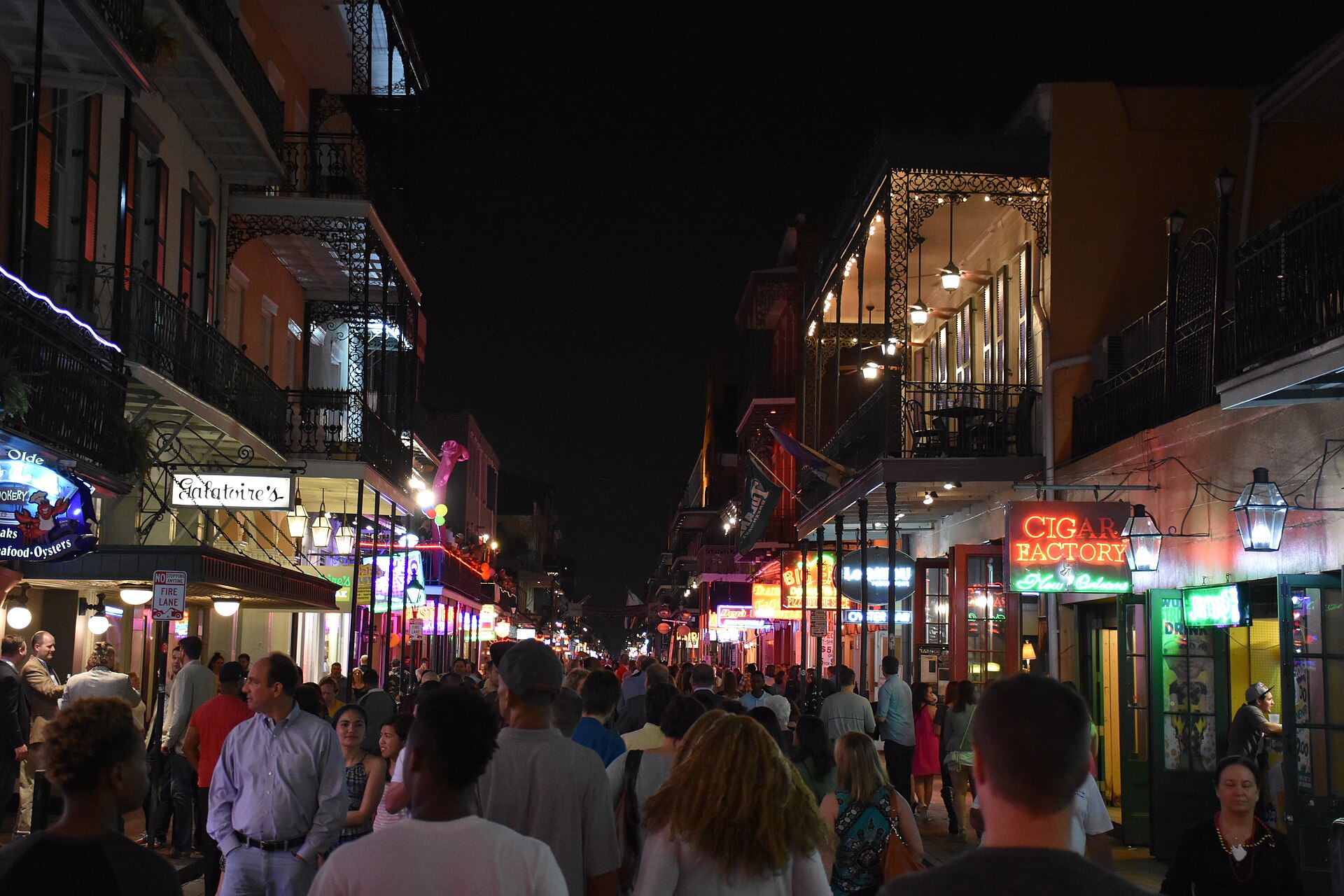 Bourbon Street in the French Quarter of New Orleans at night