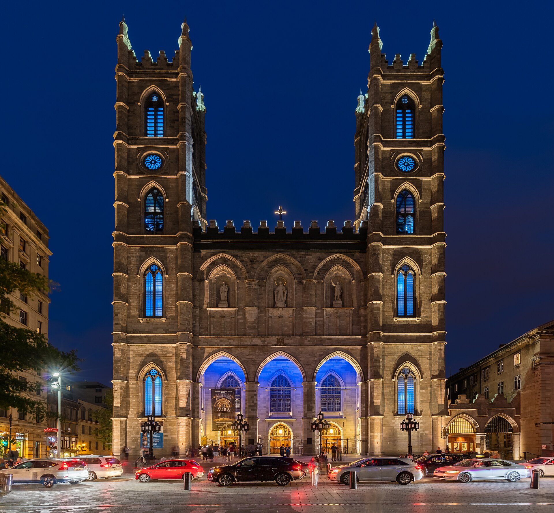 Notre-Dame Basilica facade illuminated at night, Montreal