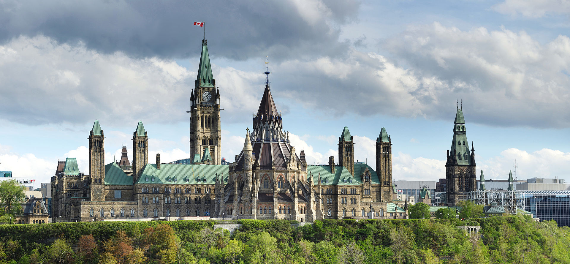 Panoramic view of Parliament Hill from across the Ottawa River