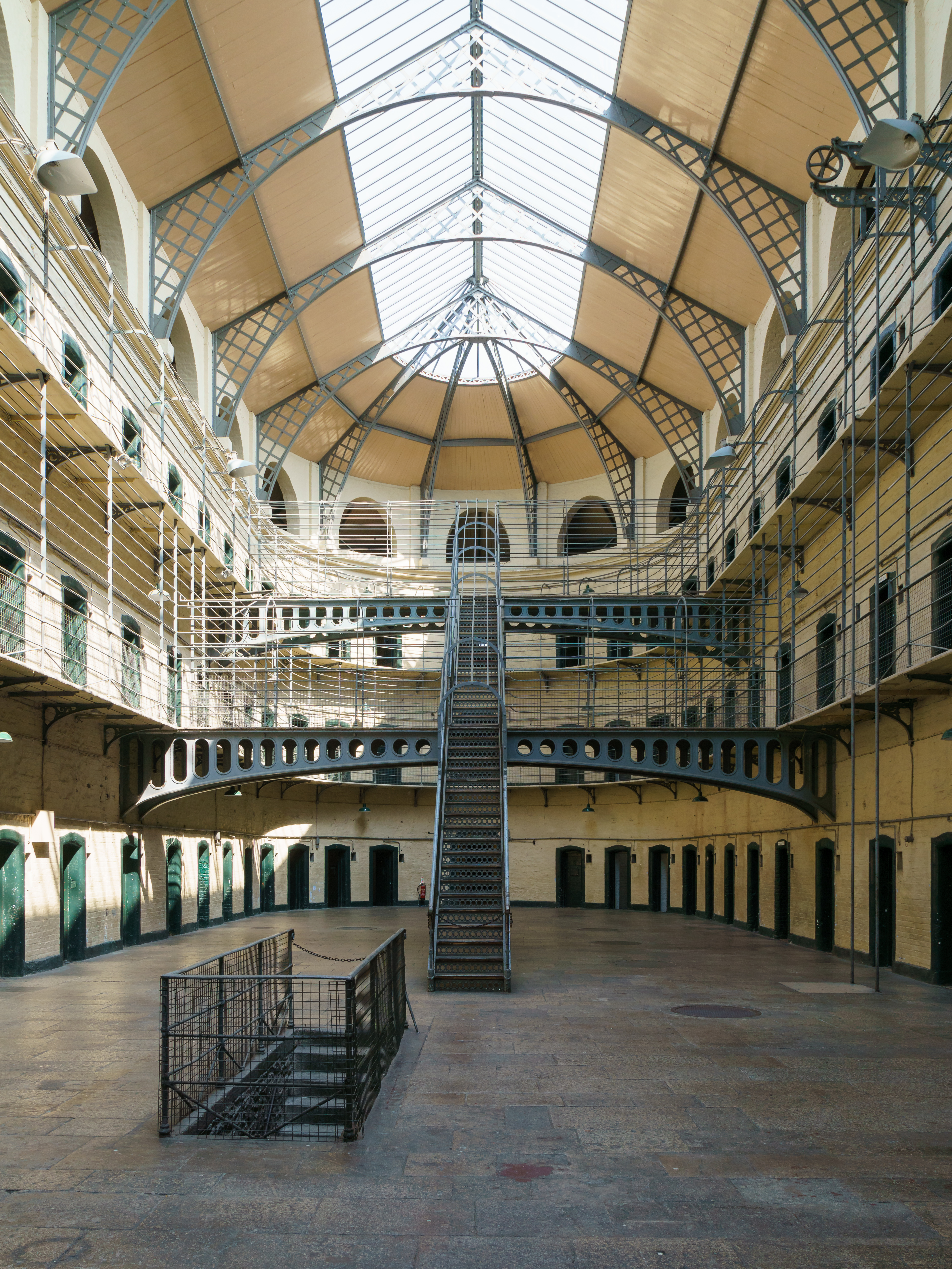 The main hall of Kilmainham Gaol in Dublin, with its Victorian glass-roofed atrium and cell blocks