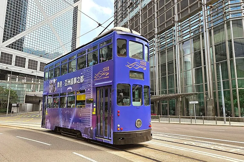 Hong Kong tram on Des Voeux Road Central with city shophouses