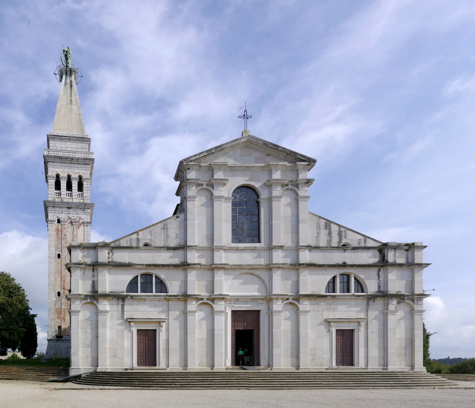 The Baroque facade and towering campanile of the Church of St Euphemia rising above Rovinj's old town