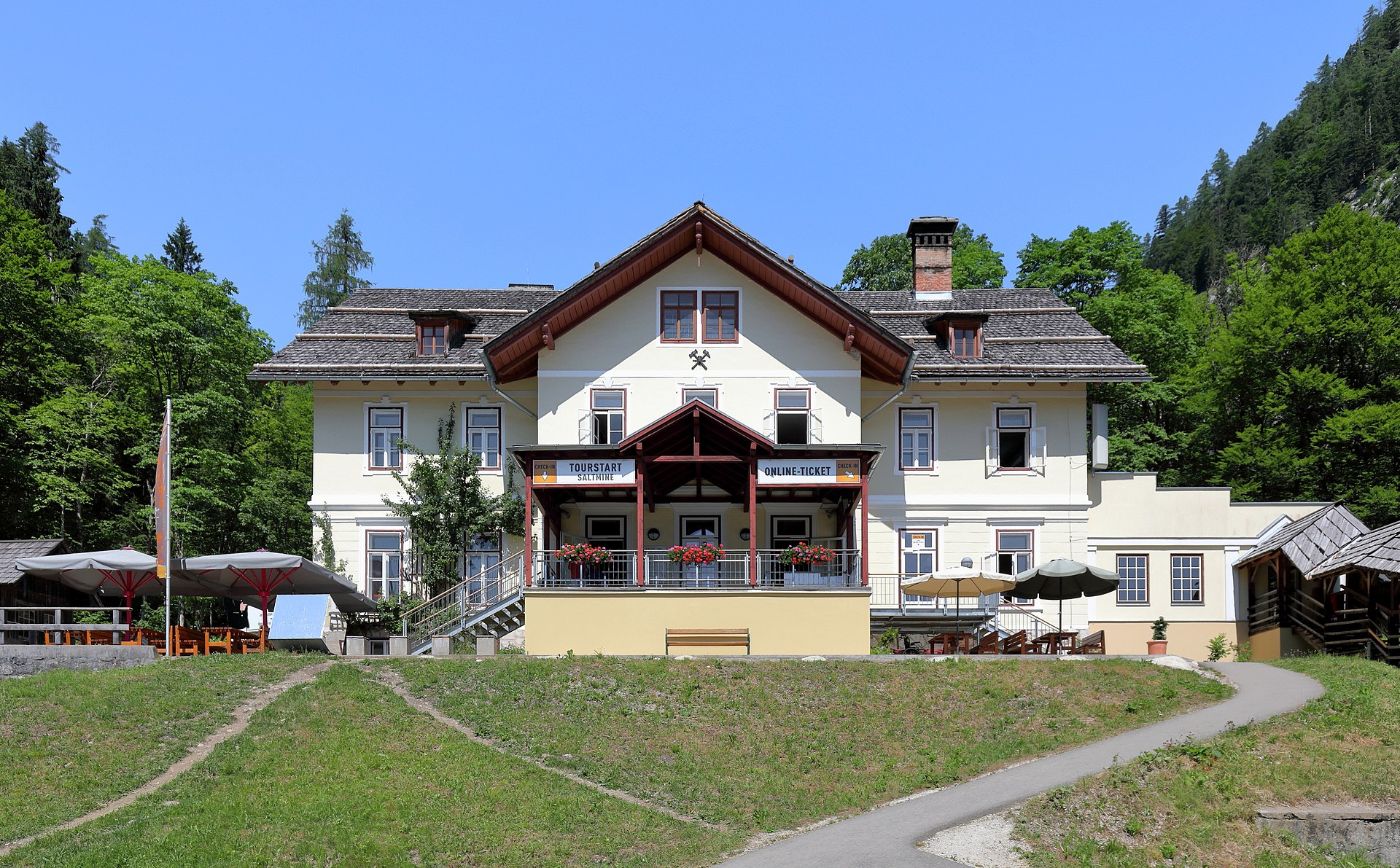 Entrance to the Salzwelten Hallstatt salt mine, the world's oldest salt mine, with the tunnel opening built into the mountainside