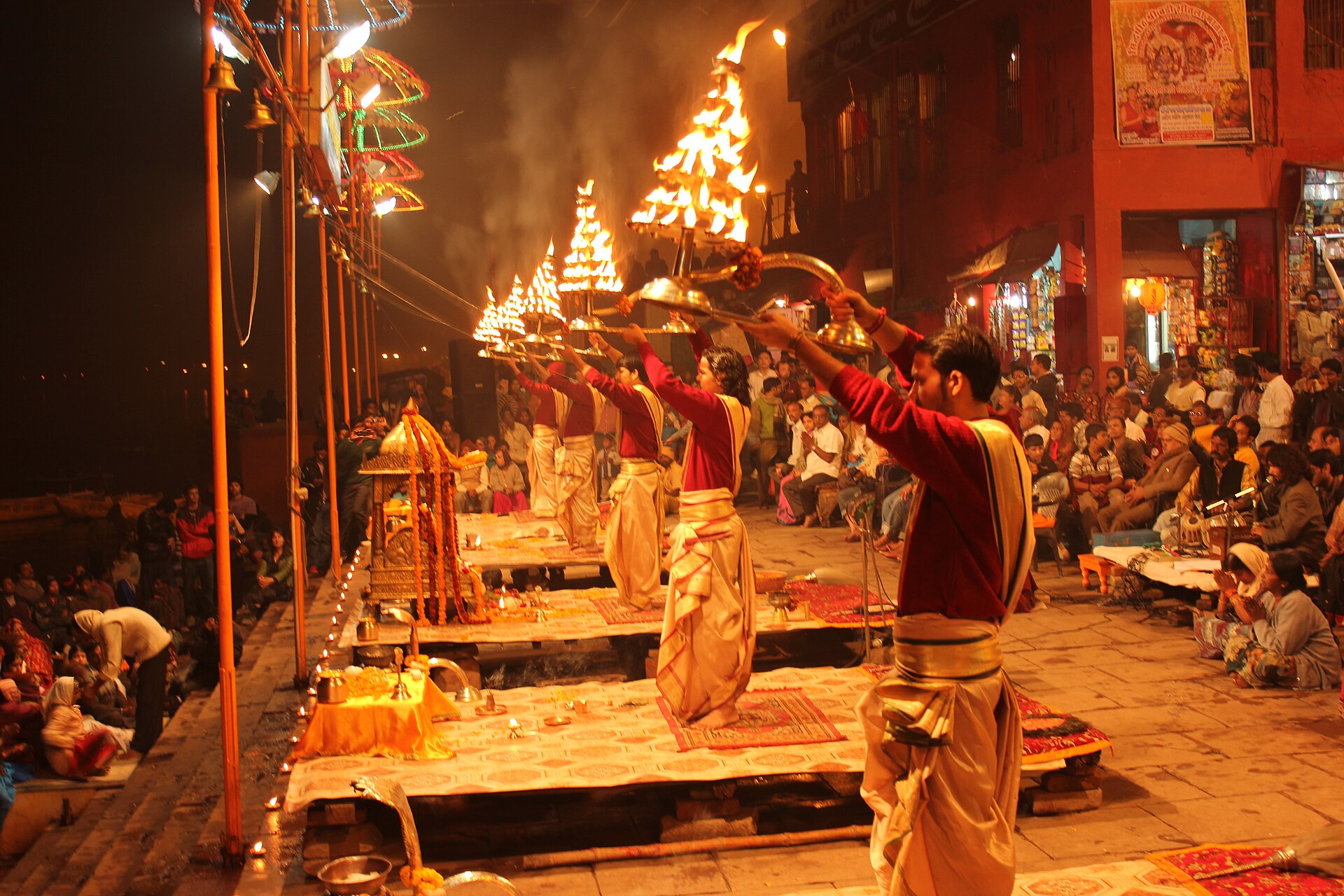 Priests performing the evening Ganga Aarti fire ceremony at Dashashwamedh Ghat