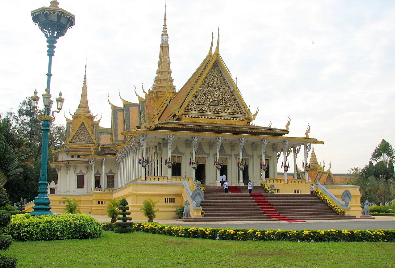 Royal Palace of Cambodia with ornate spires and manicured gardens in Phnom Penh
