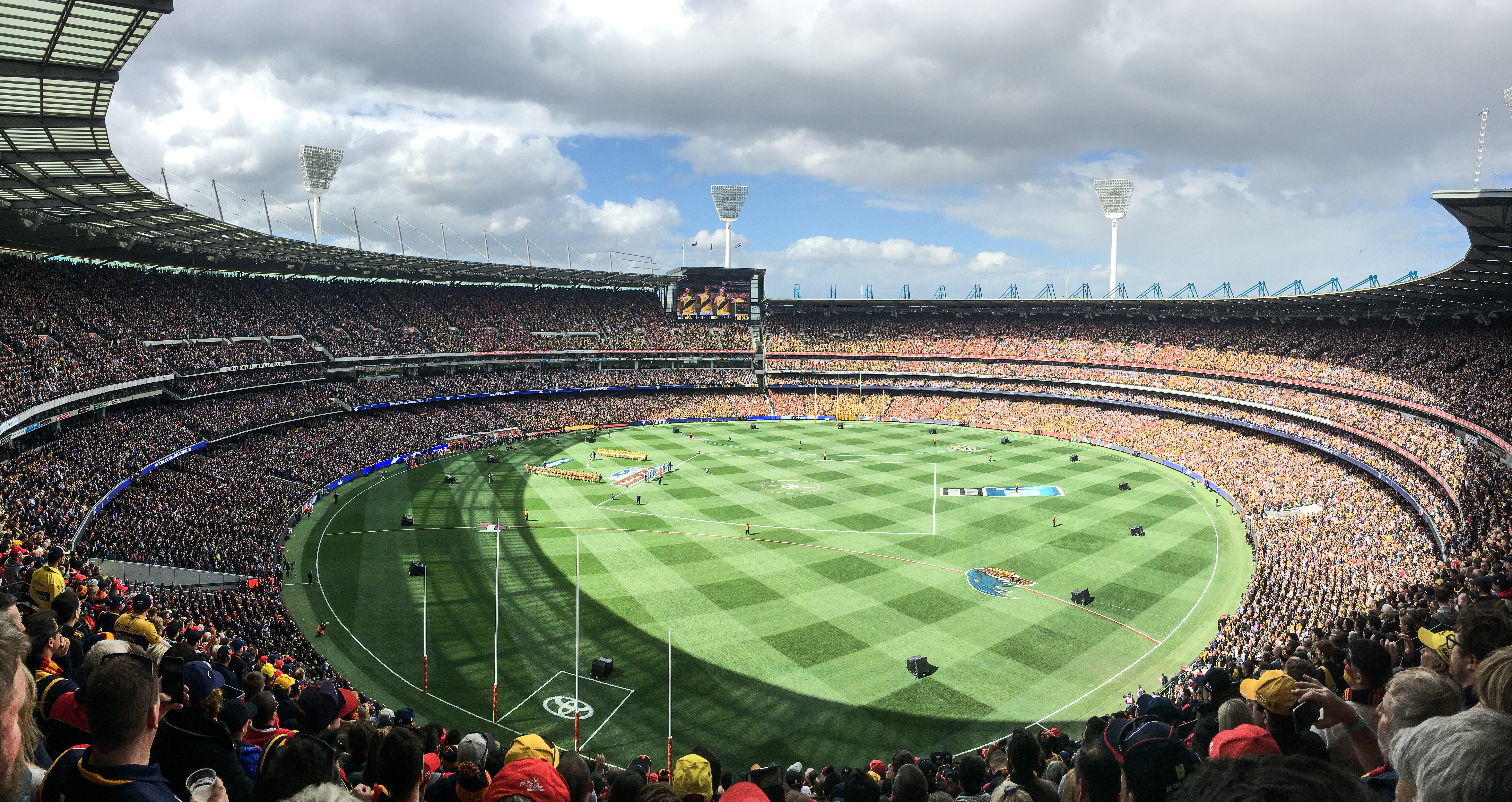 Melbourne Cricket Ground interior showing the massive stadium stands and oval playing field