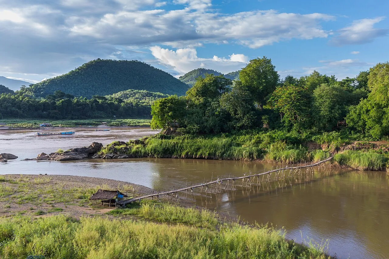 Panoramic view of Luang Prabang old town with temples and the Mekong River, Laos