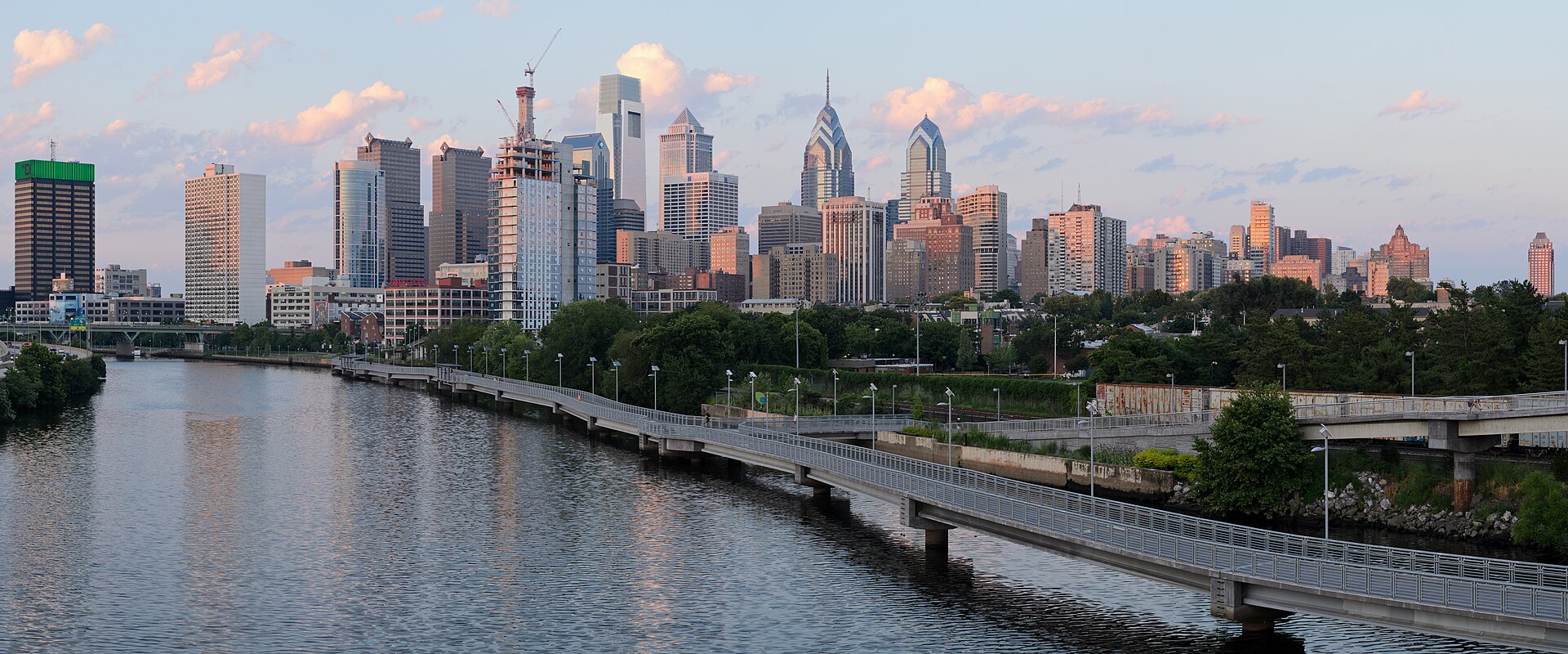 Panorama of Philadelphia skyline from the South Street Bridge over the Schuylkill River