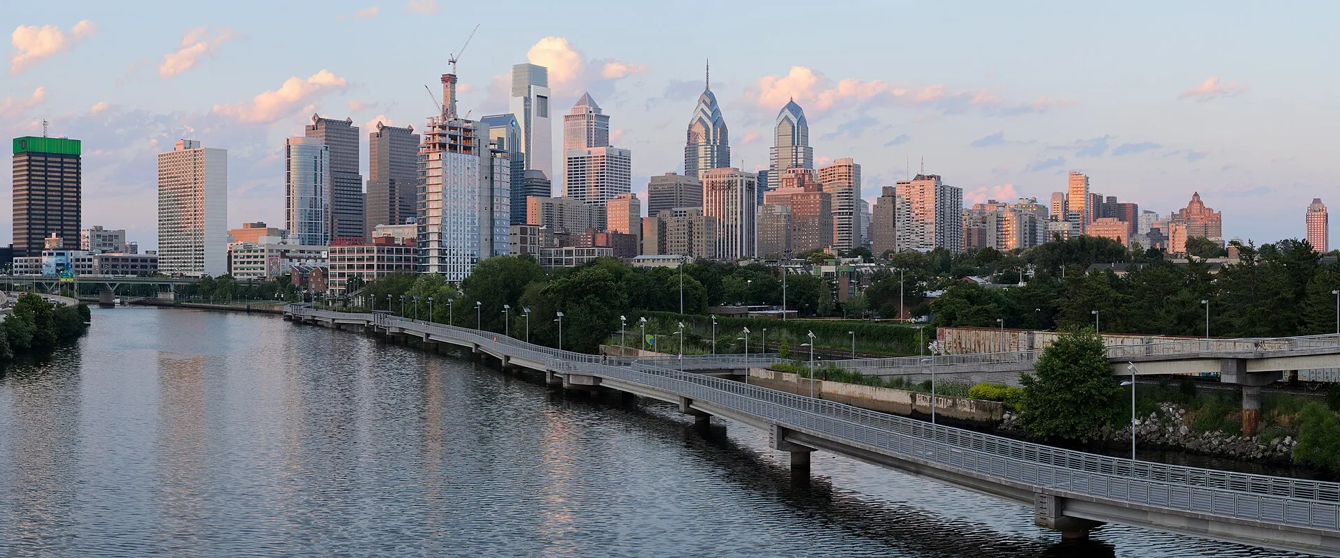 Panorama of Philadelphia skyline from the South Street Bridge over the Schuylkill River