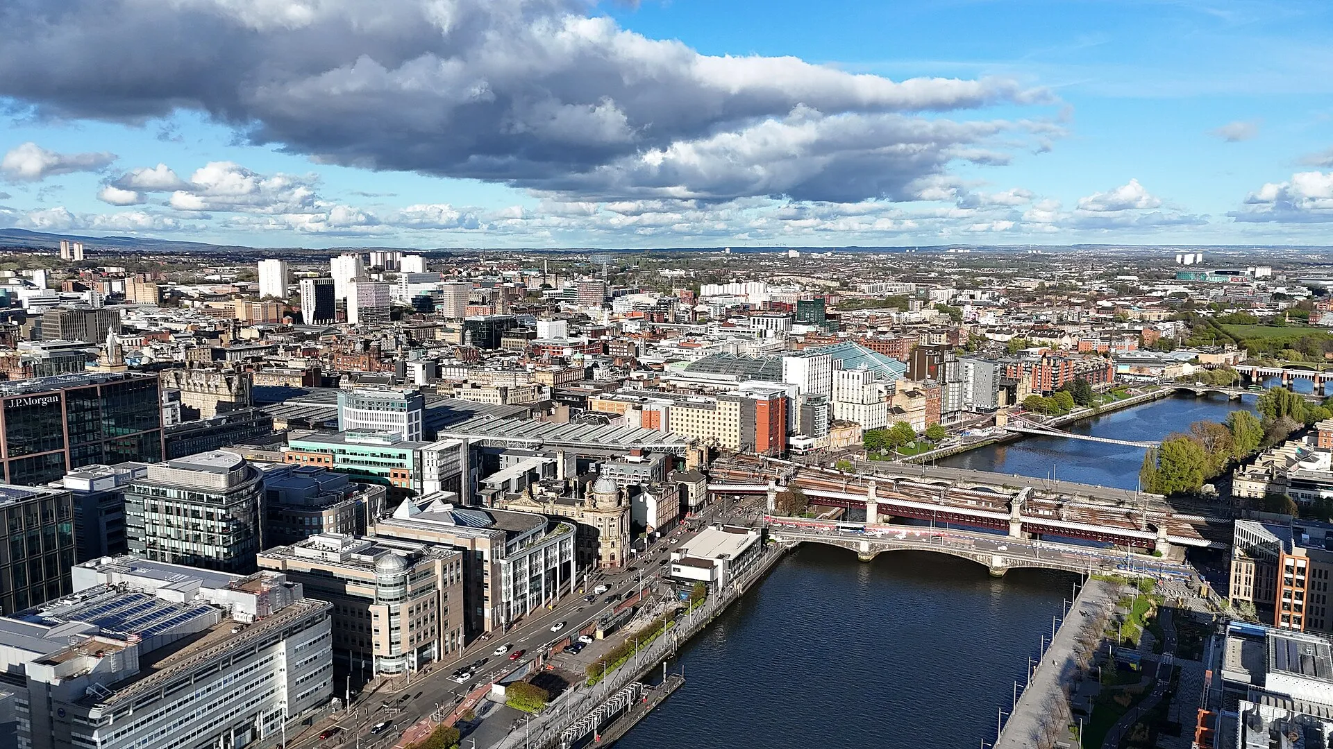 Aerial view of Glasgow city centre with the River Clyde and Kelvingrove Park visible