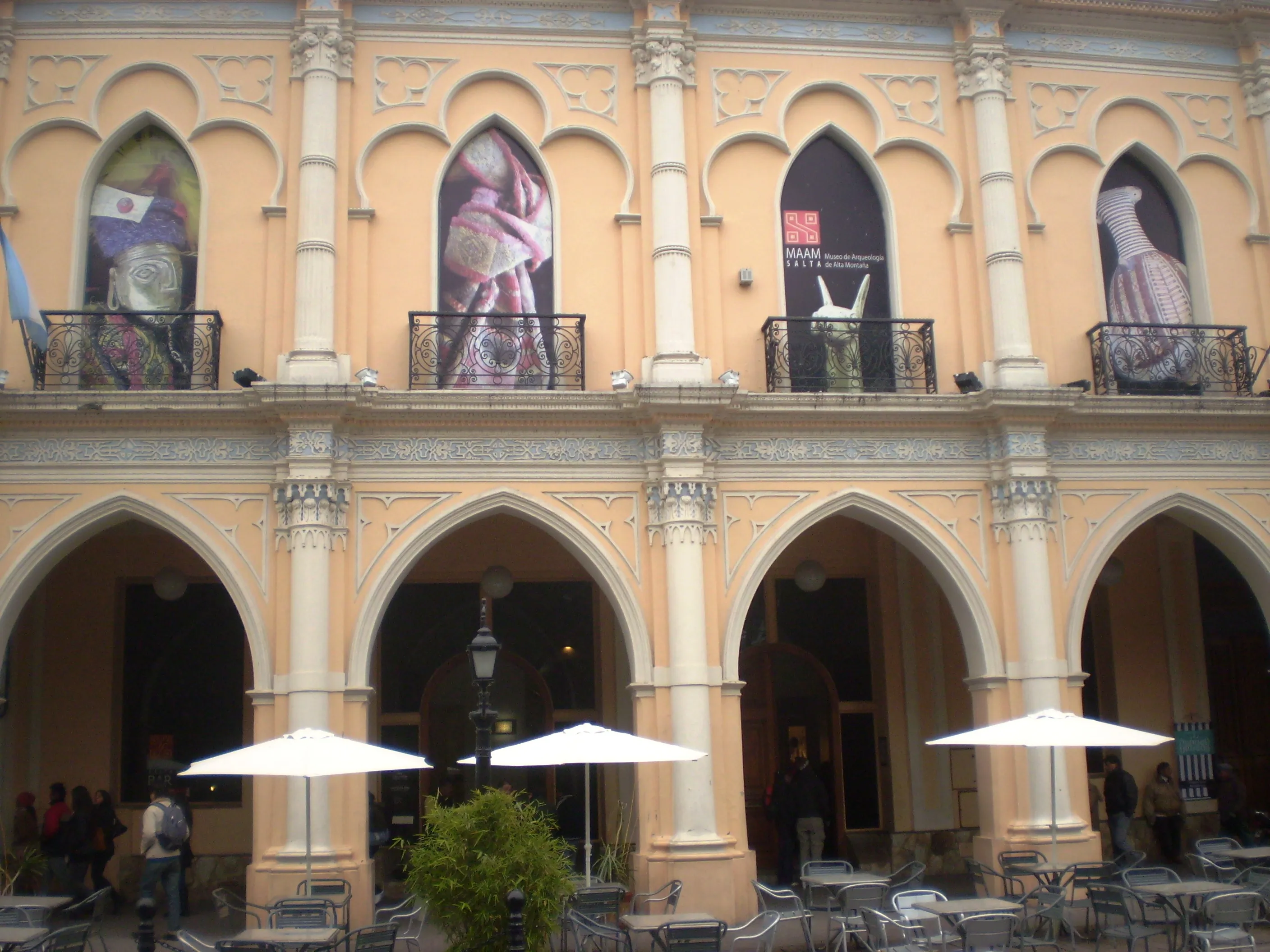 The neoclassical facade of the Museo de Arqueología de Alta Montaña on Plaza 9 de Julio in central Salta, Argentina
