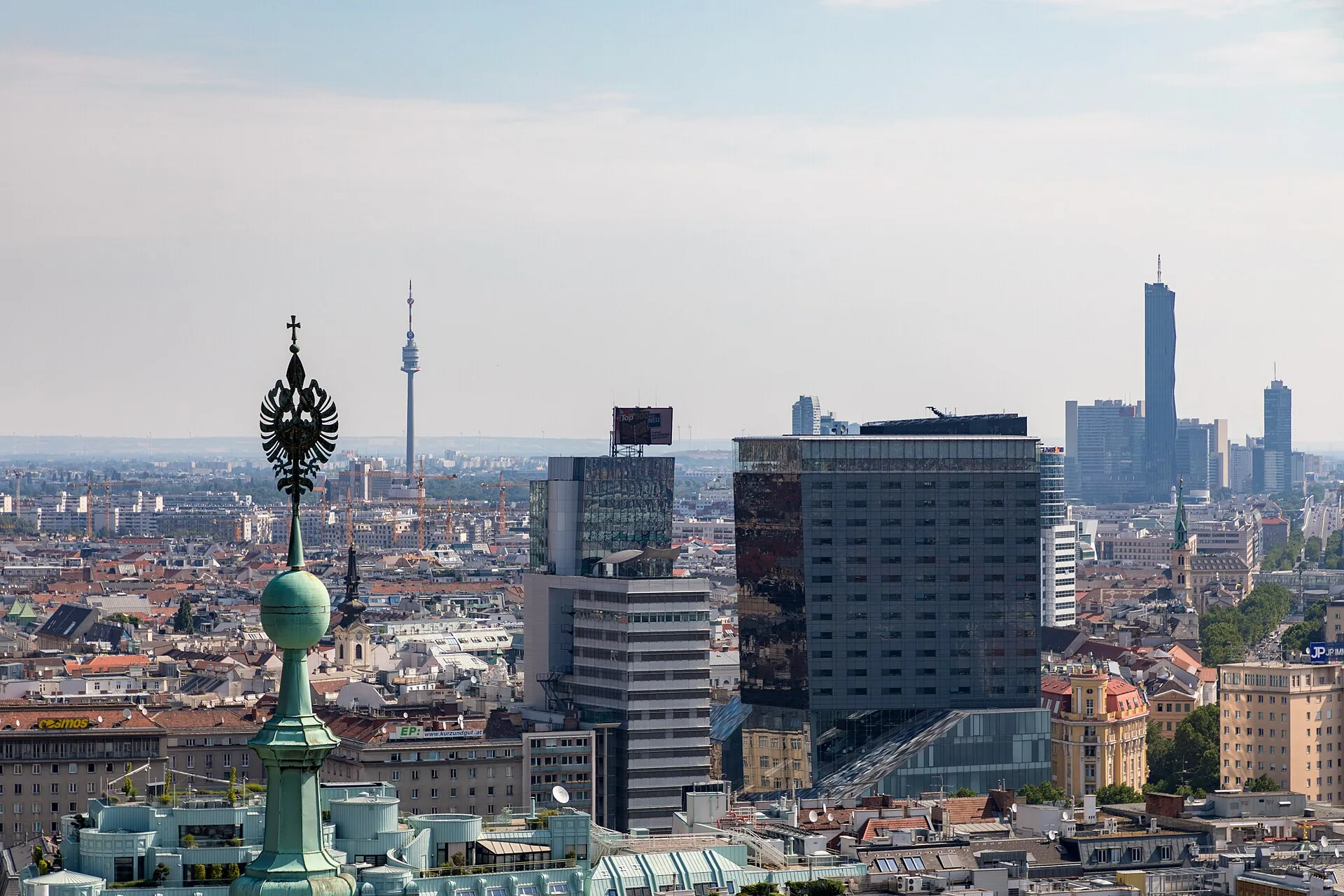 Panoramic view of Vienna's skyline from the south tower of St. Stephen's Cathedral, rooftops and church spires beyond
