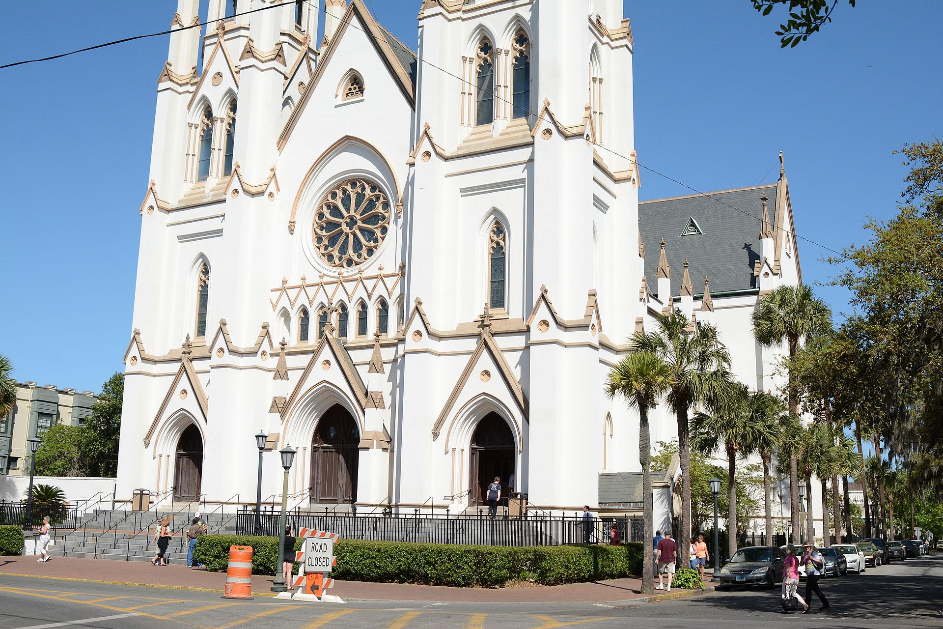 The twin-spired French Gothic facade of the Cathedral of St. John the Baptist in Savannah