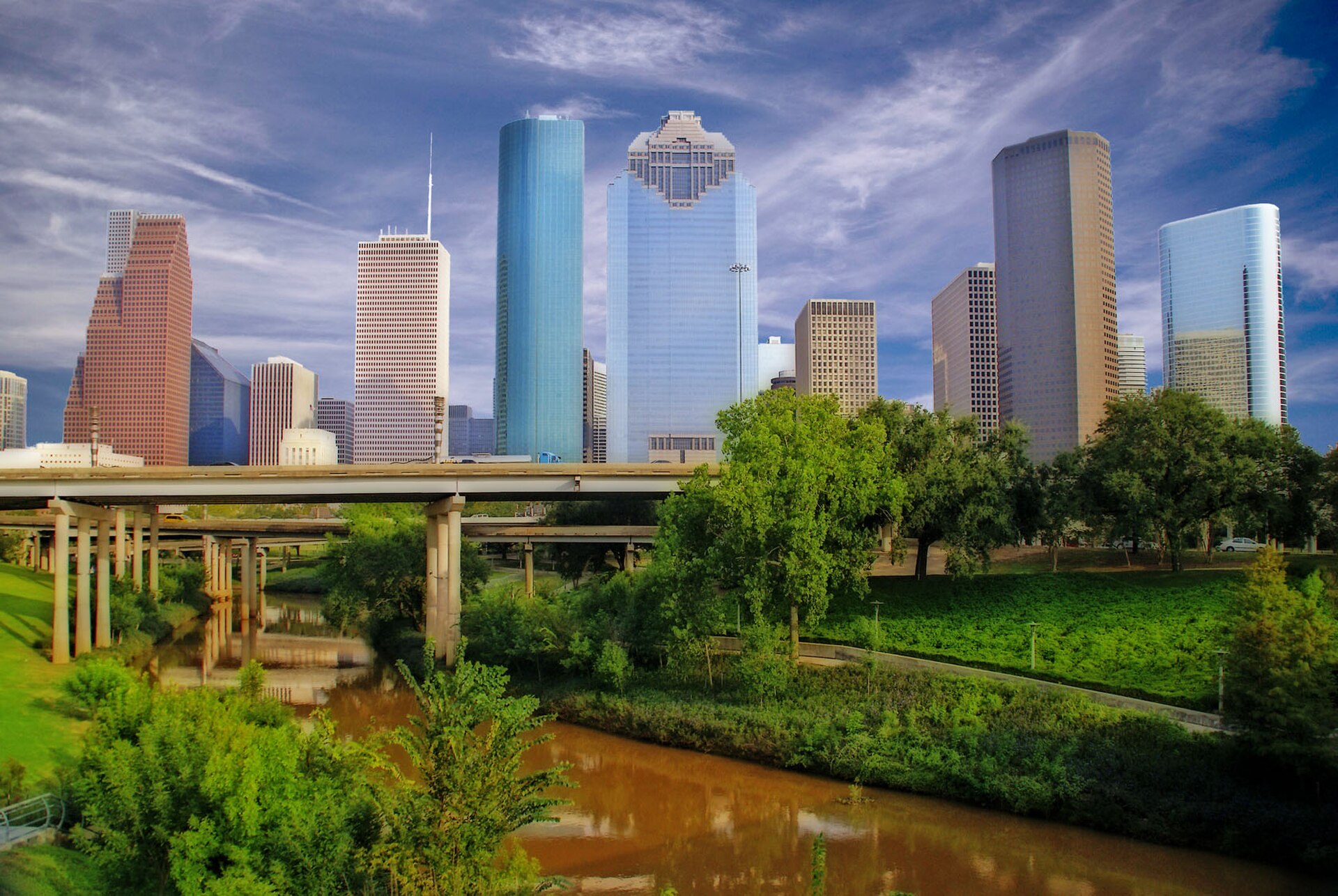 Downtown Houston skyline and Buffalo Bayou