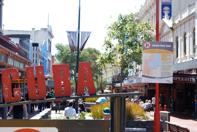 Cuba Street pedestrian mall in Wellington showing cafes, street art, and the bucket fountain