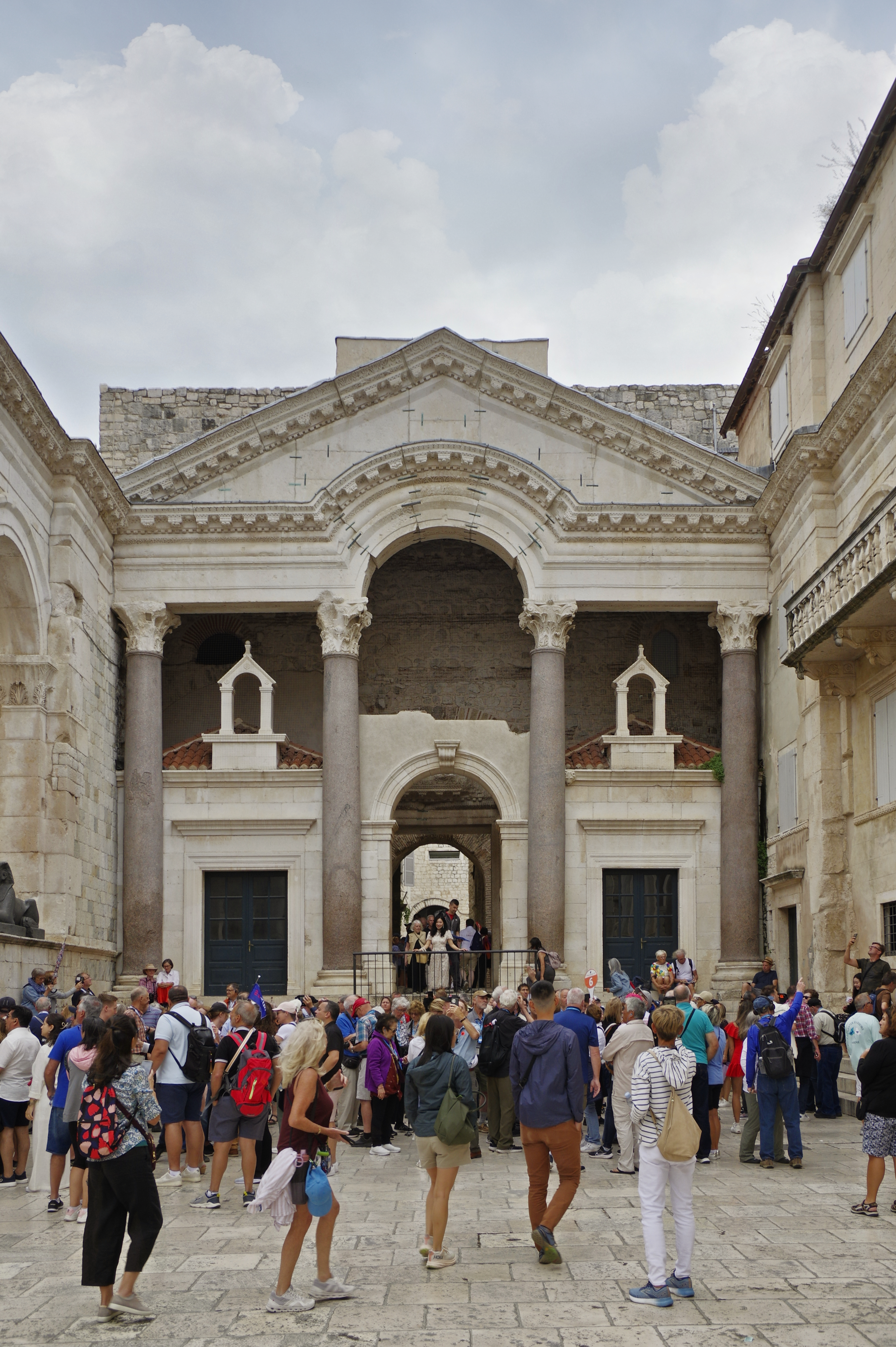 Split's Diocletian's Palace and old town waterfront on the Dalmatian coast of Croatia The Peristyle courtyard of Diocletian's Palace in Split, where Roman Emperor Diocletian's 4th-century residence has been continuously inhabited for 1,700 years