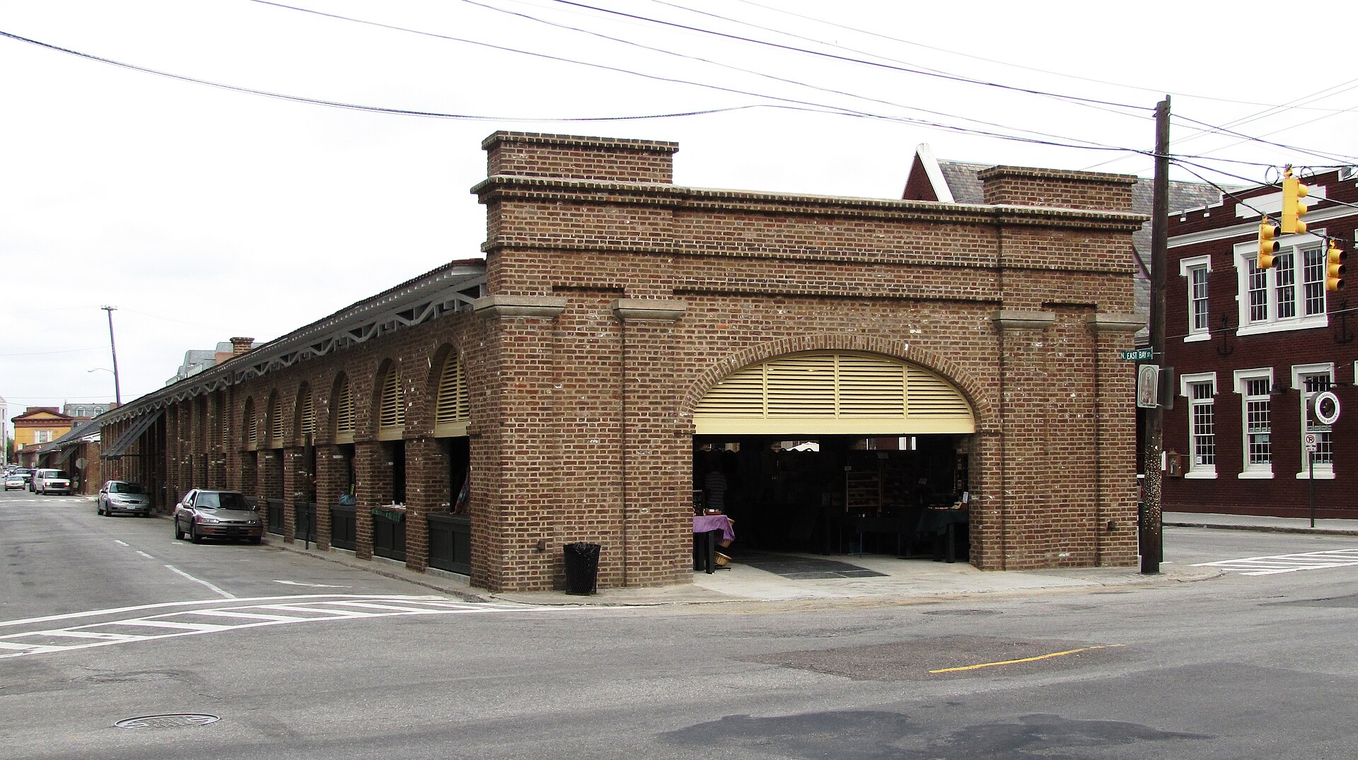 The rear entrance of Charleston City Market with its historic open-air market sheds