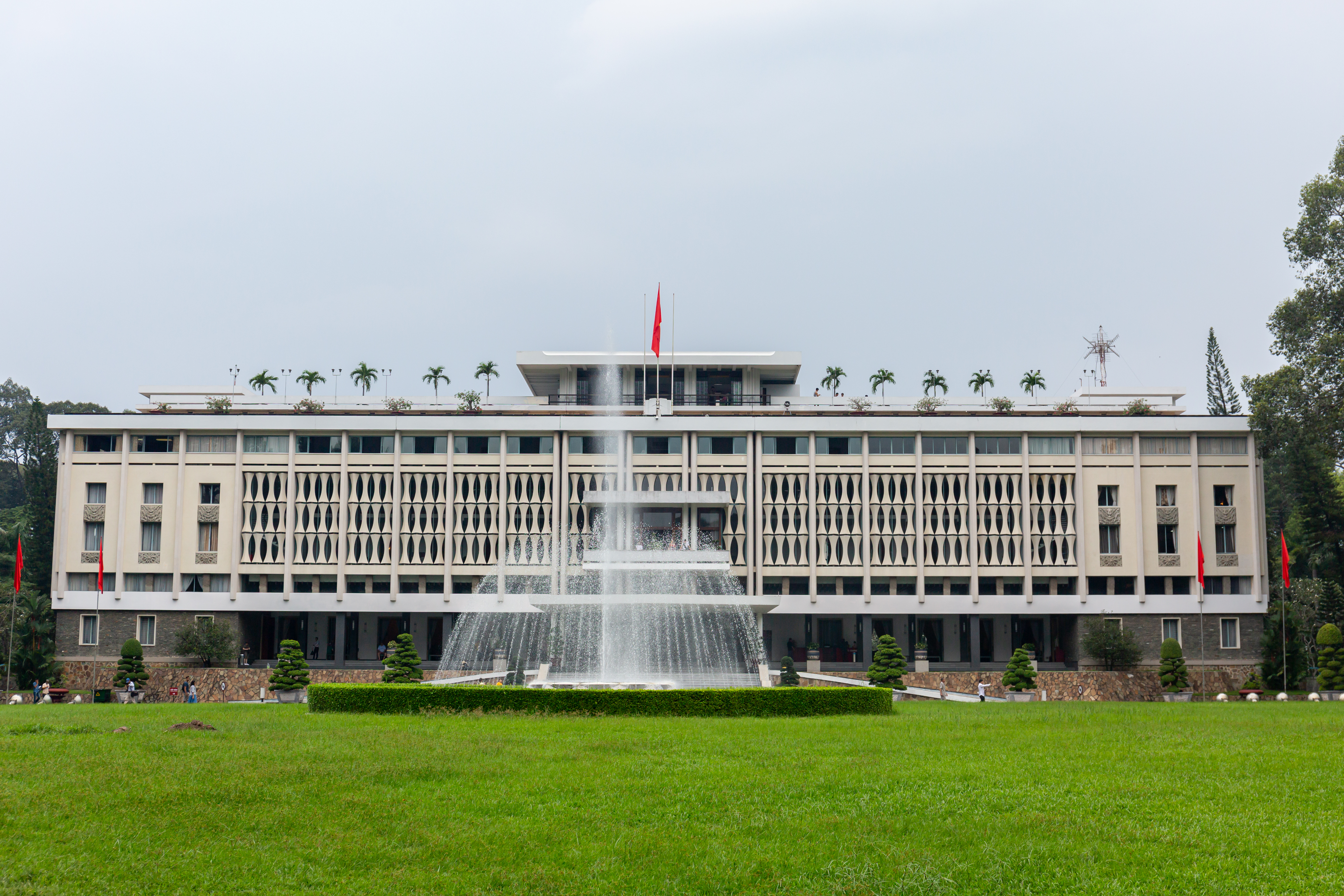 Reunification Palace in Ho Chi Minh City with its distinctive modernist facade and front gardens