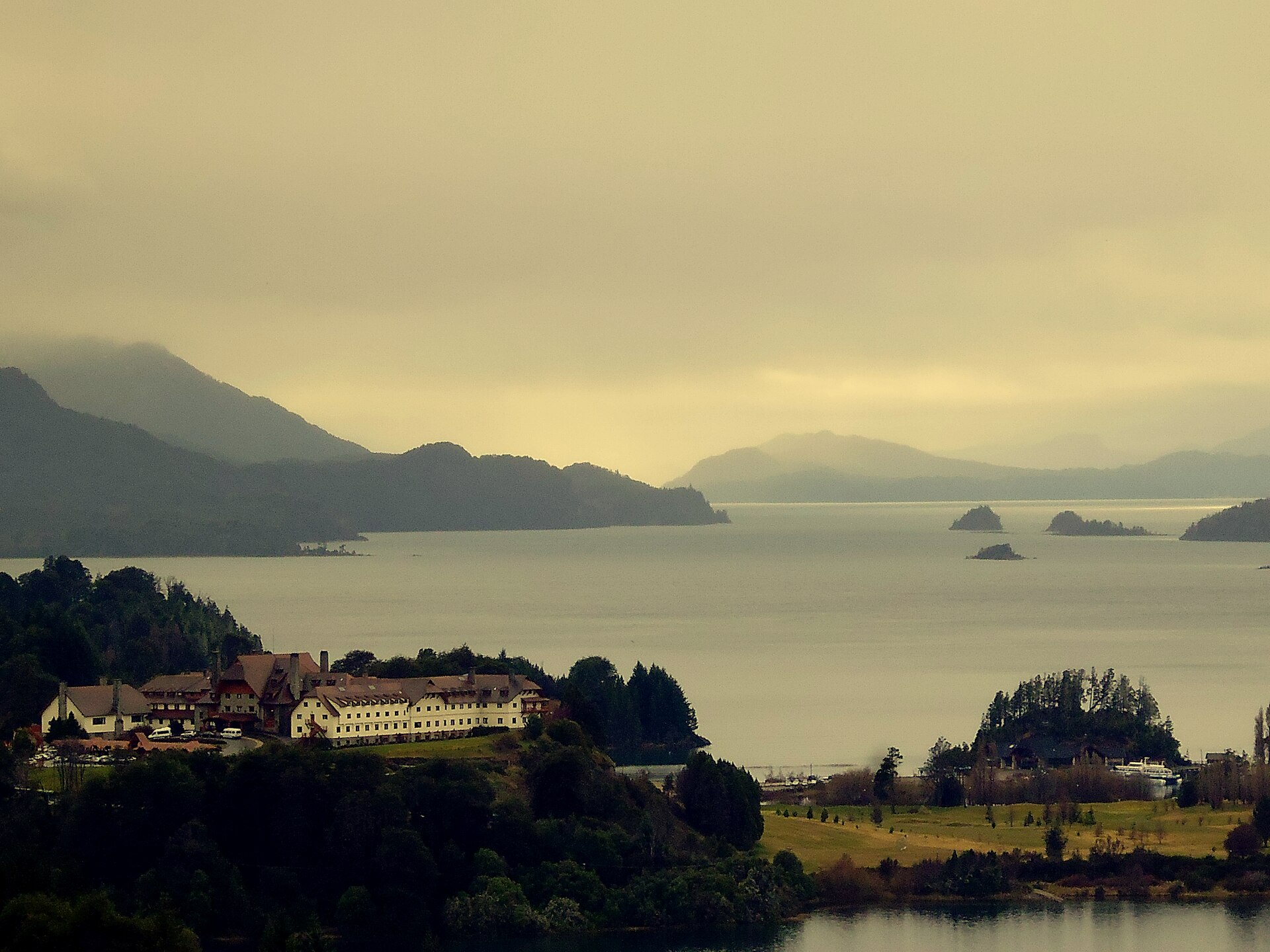 Panoramic view of lakes and mountains from a scenic viewpoint near Bariloche, Patagonia