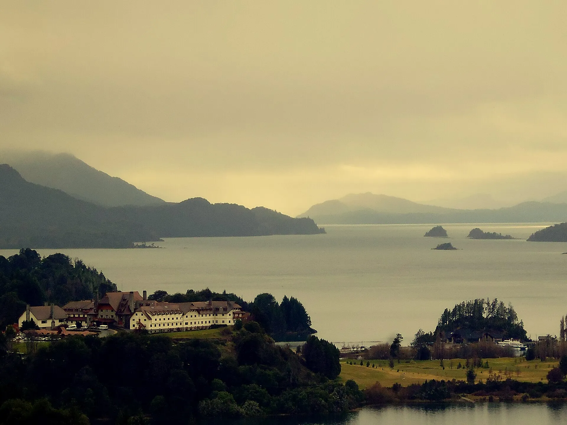 Panoramic view of lakes and mountains from a scenic viewpoint near Bariloche, Patagonia