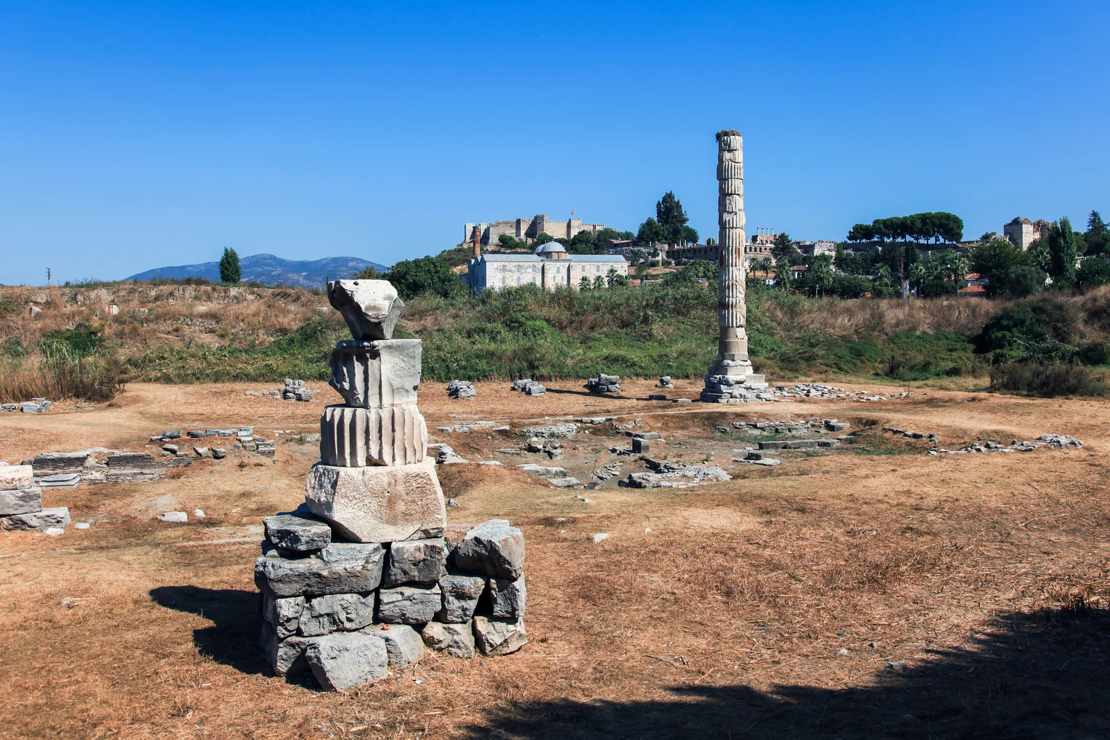 The single reconstructed column marking the ruined Temple of Artemis near Ephesus