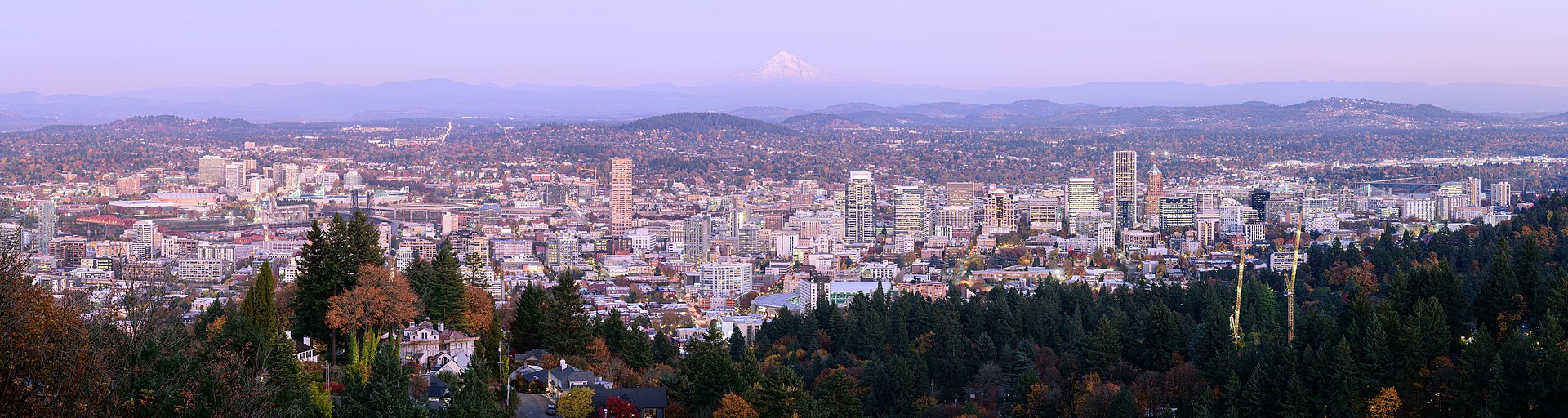Panorama of Portland, Oregon skyline from Pittock Mansion with Mount Hood in the distance