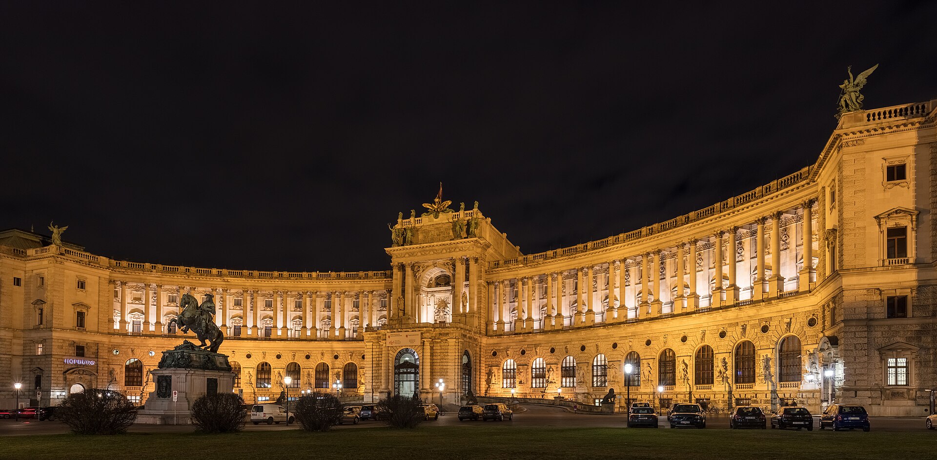 Neue Burg facade of the Hofburg Palace in Vienna at night
