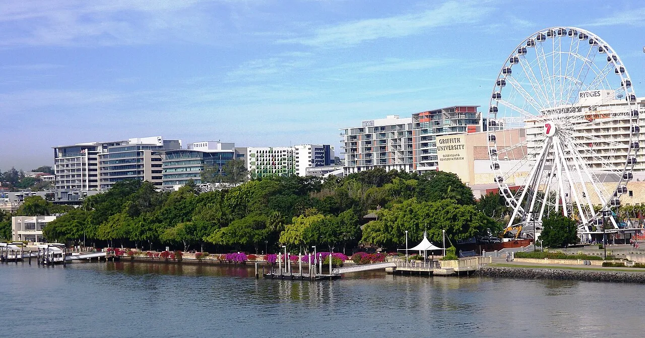 South Bank Parklands with the Brisbane River and CBD skyline in the background