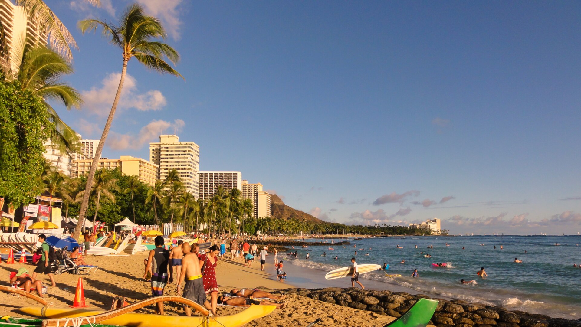 Waikiki Beach in Honolulu, Hawaii with Diamond Head in the distance