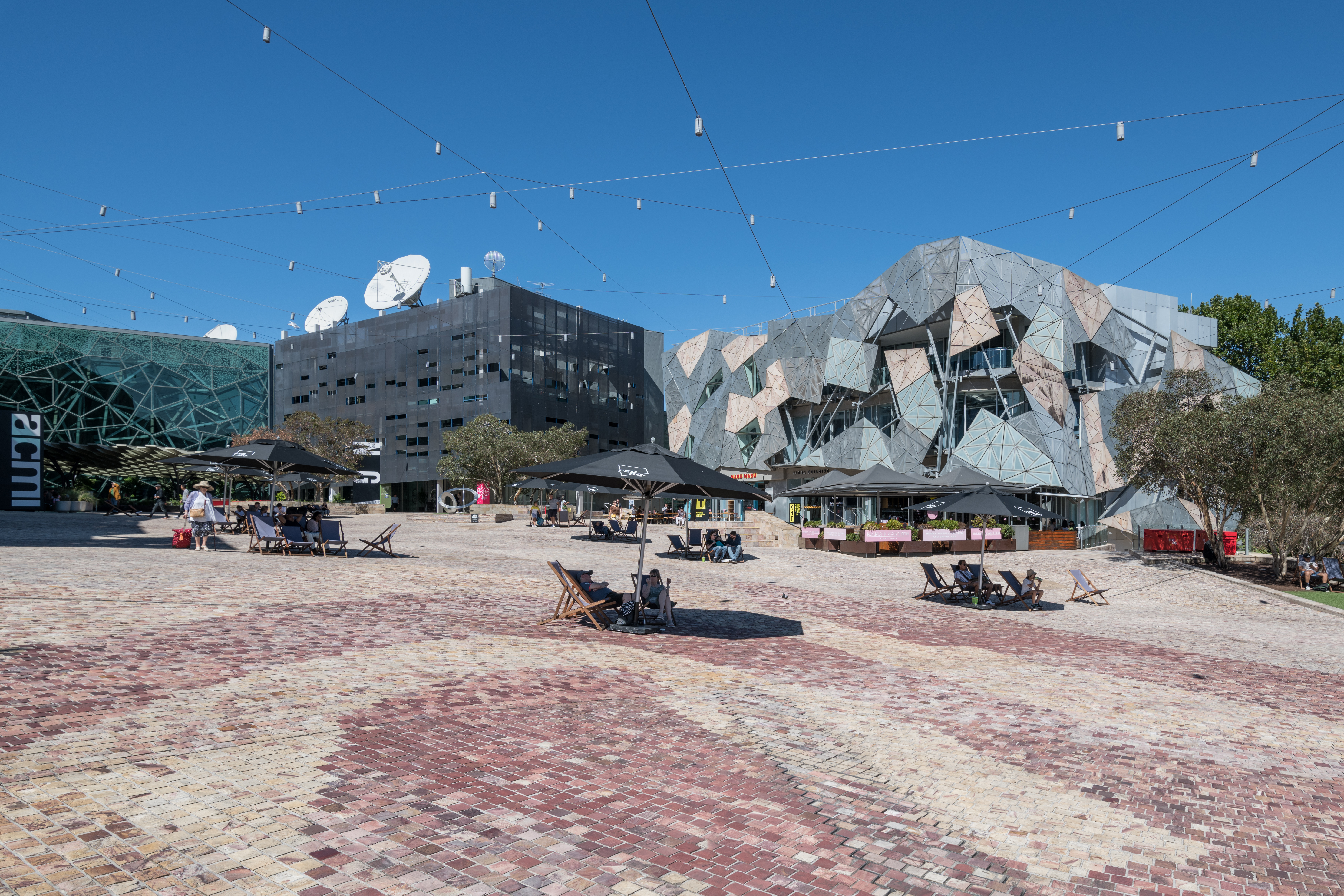 Federation Square in Melbourne with its distinctive geometric facade and open public plaza