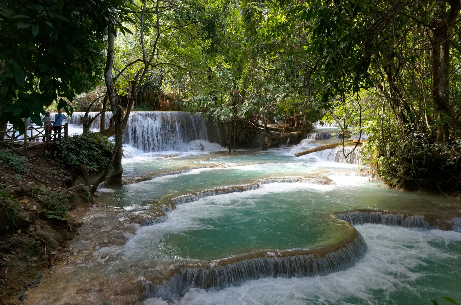 Turquoise terraced pools and small cascades of Kuang Si Waterfall spilling through dense green jungle near Luang Prabang, Laos