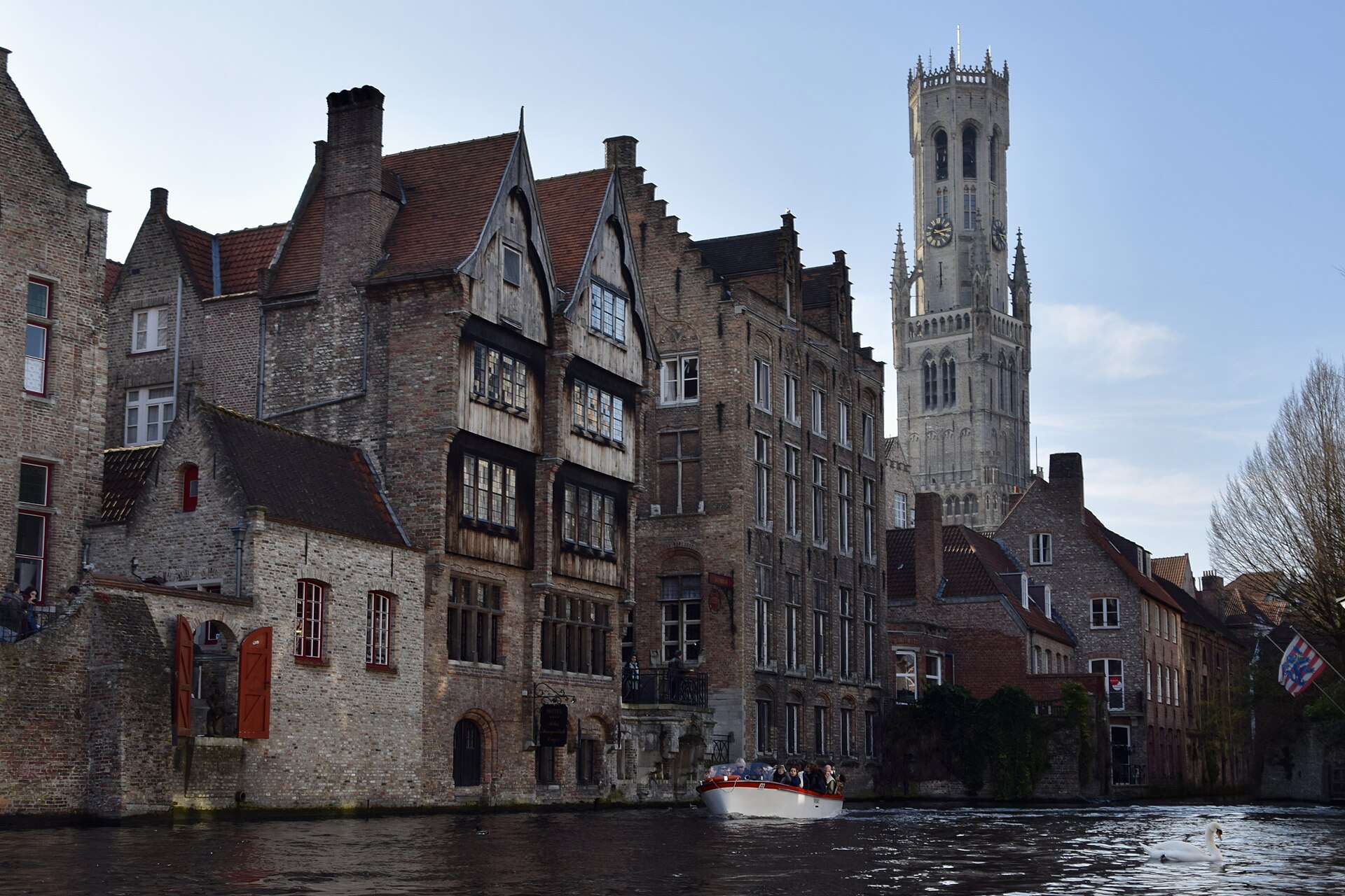 Rozenhoedkaai canal with the Belfry of Bruges in the background