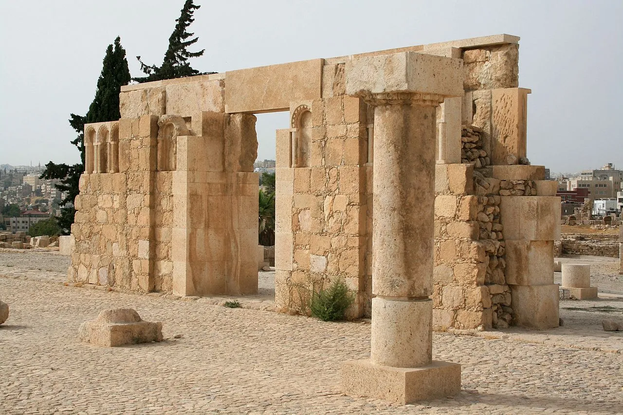 Panoramic view of Amman Citadel showing the Roman Temple of Hercules columns and Umayyad Palace ruins