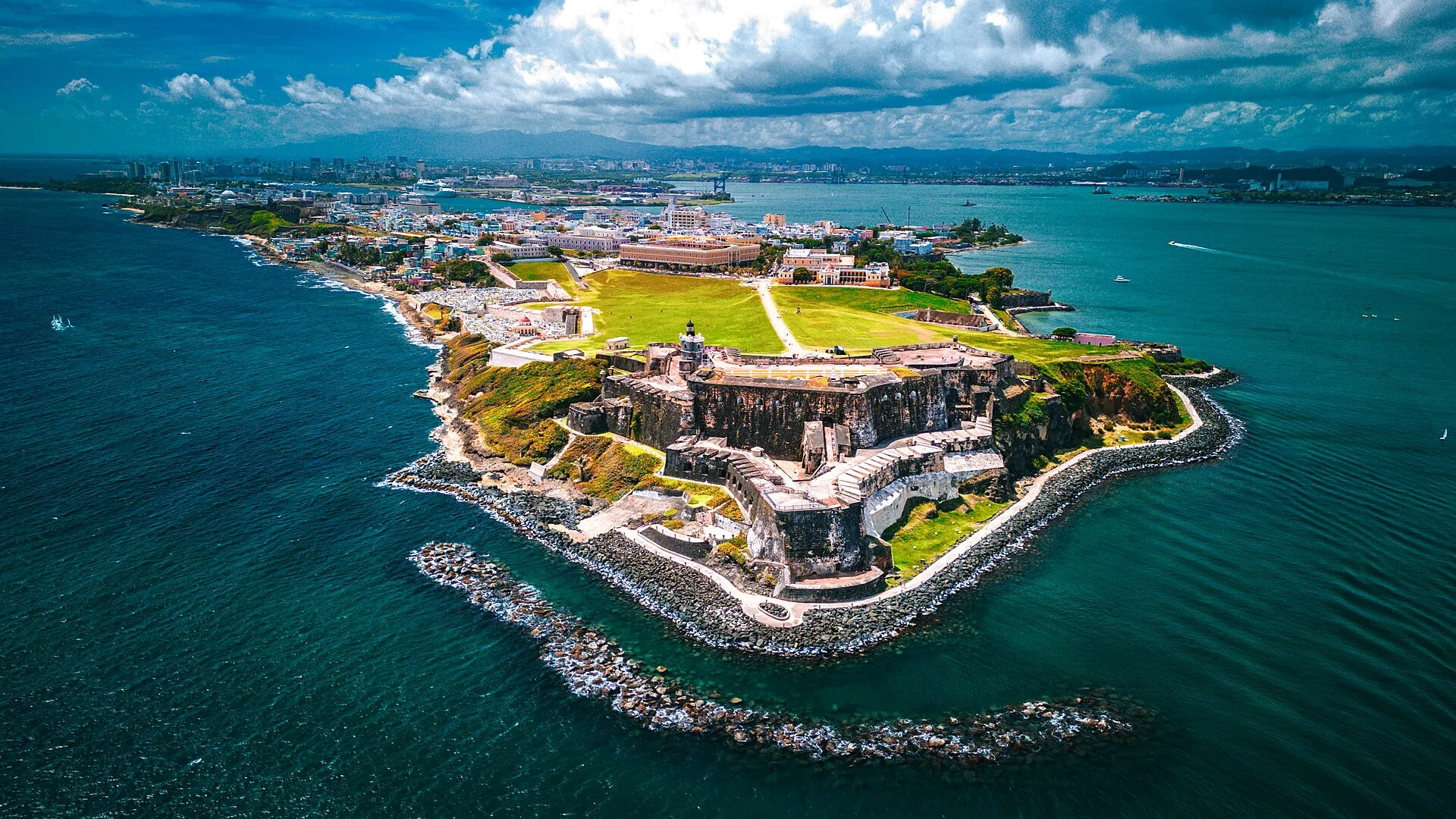 Aerial view of Castillo San Felipe del Morro fortress on the Atlantic tip of Old San Juan, Puerto Rico