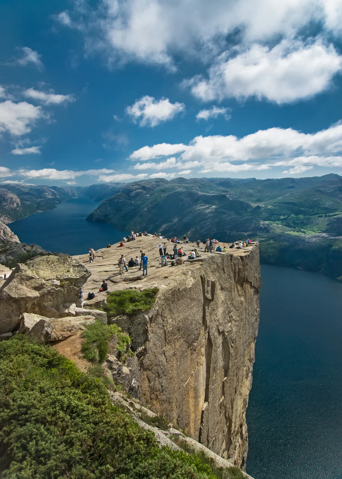 The flat cliff-top plateau of Preikestolen high above the Lysefjord in Norway