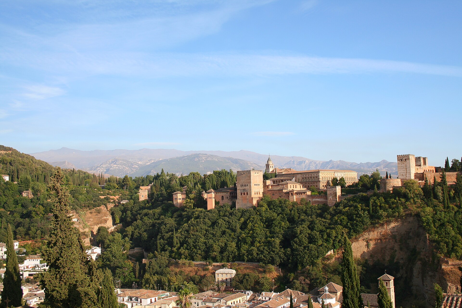 Alhambra palace complex overlooking Granada with Sierra Nevada in the background