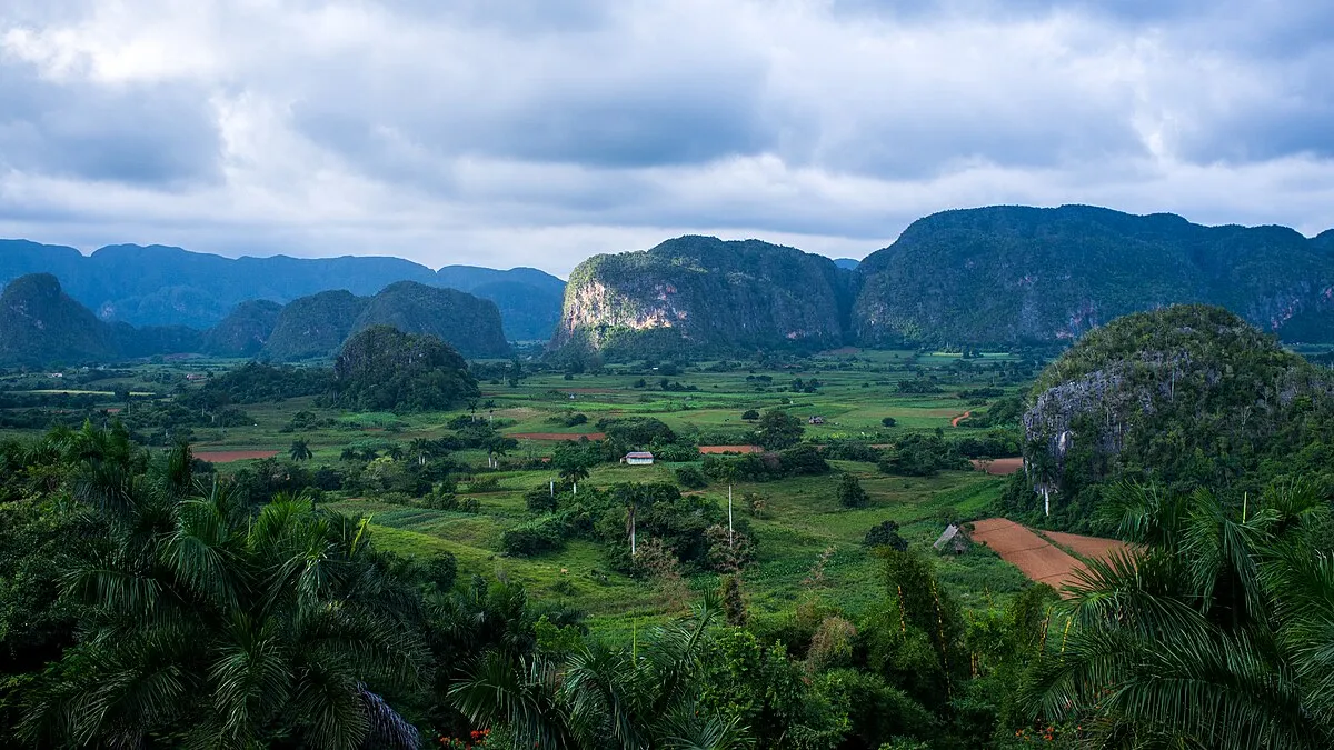 Viñales Valley with mogote limestone hills and tobacco fields, Pinar del Río province, Cuba