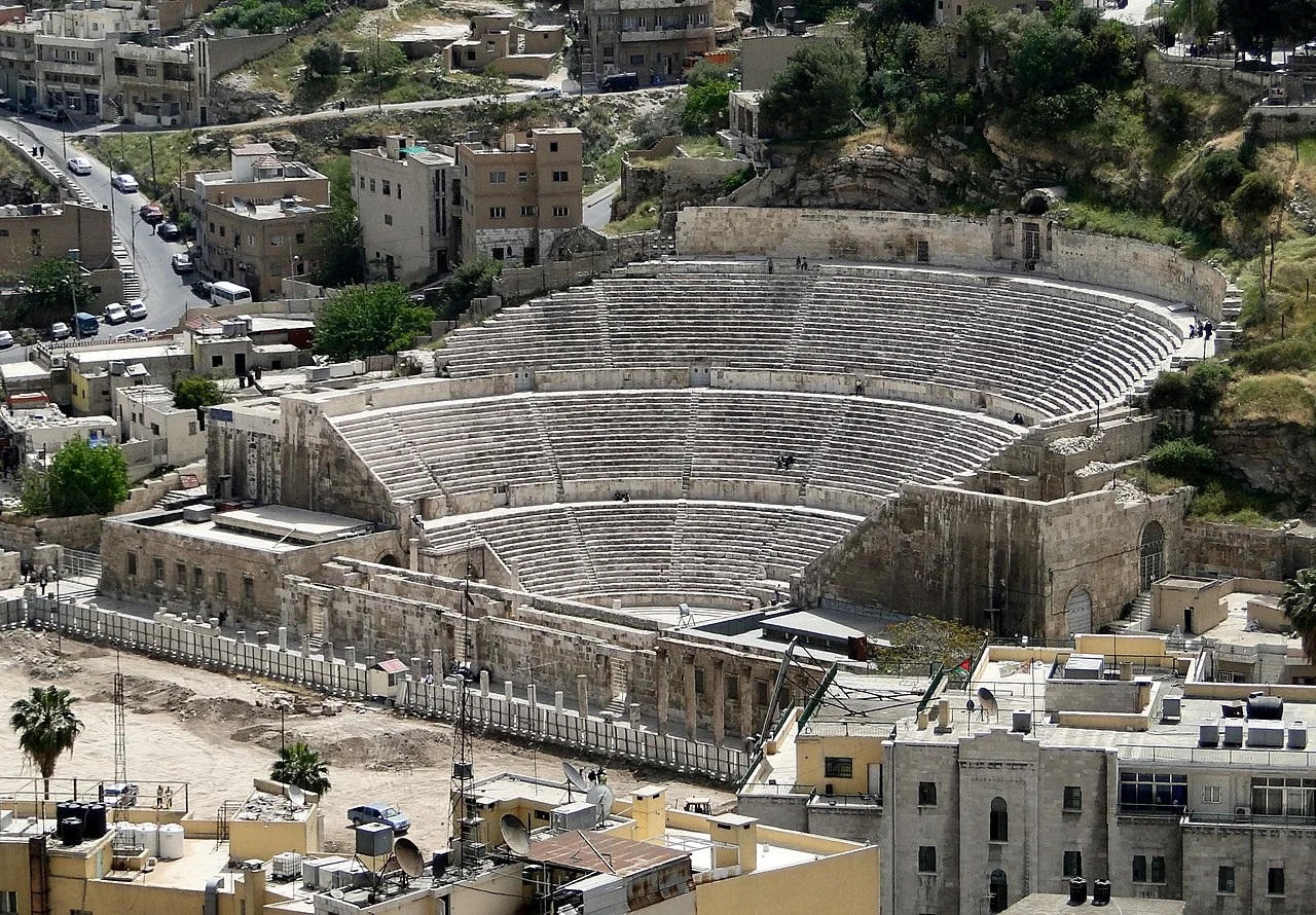 The Roman Theatre of Amman with its semi-circular cavea carved into the hillside in downtown Amman