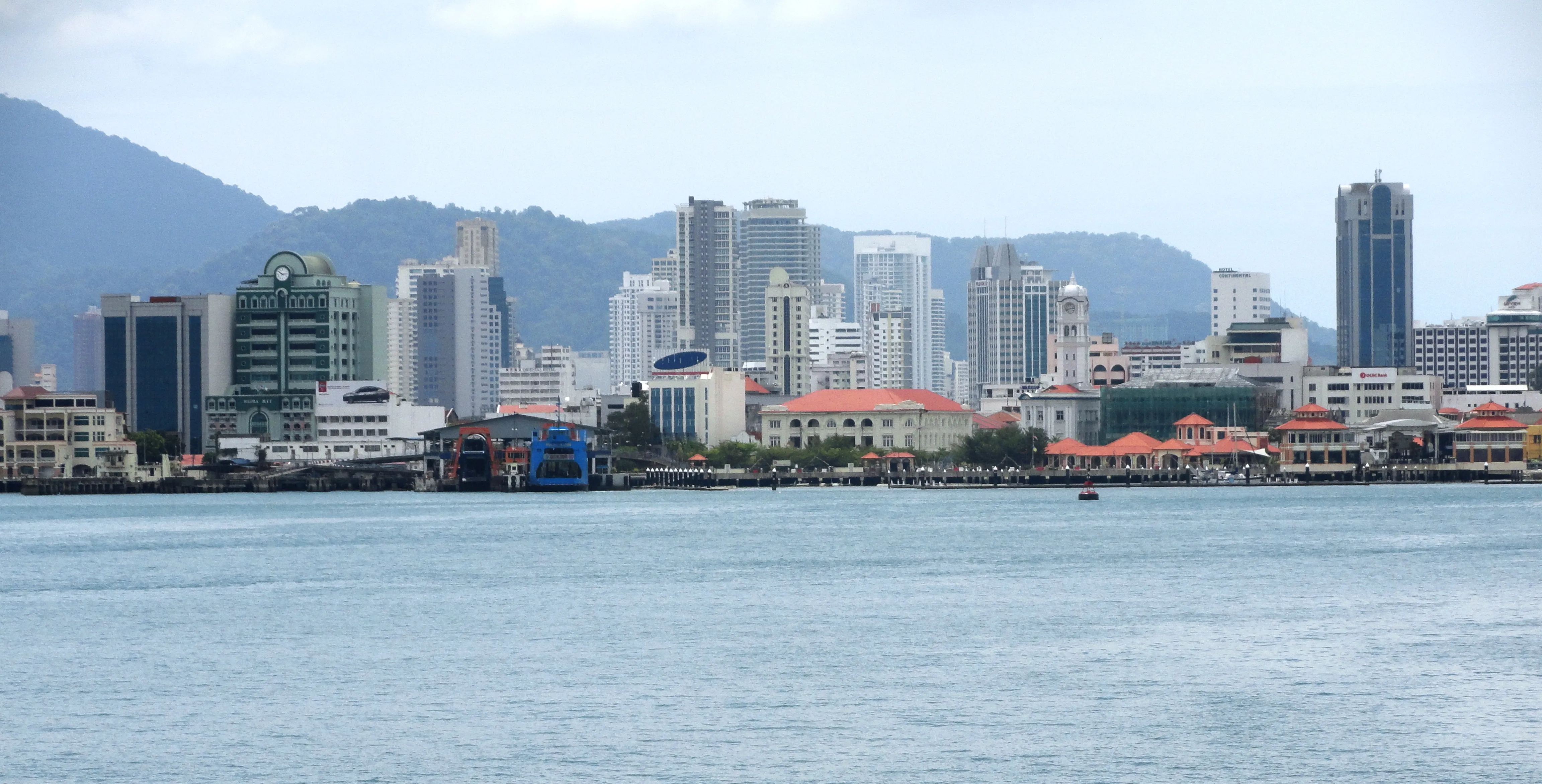 George Town colonial shophouses and waterfront in Penang, Malaysia