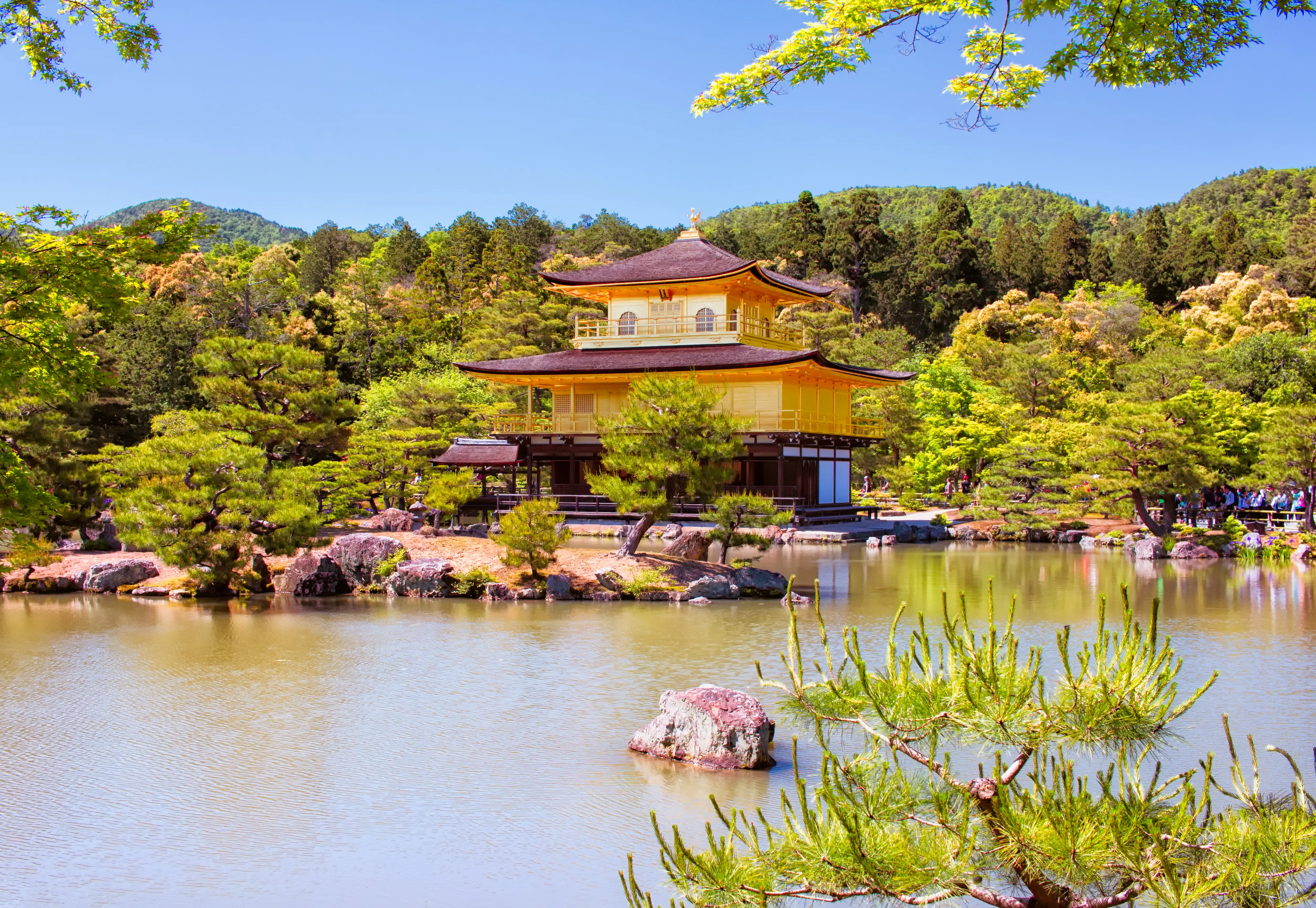 The gold-leaf Kinkaku-ji pavilion mirrored in its reflecting pond surrounded by greenery in Kyoto