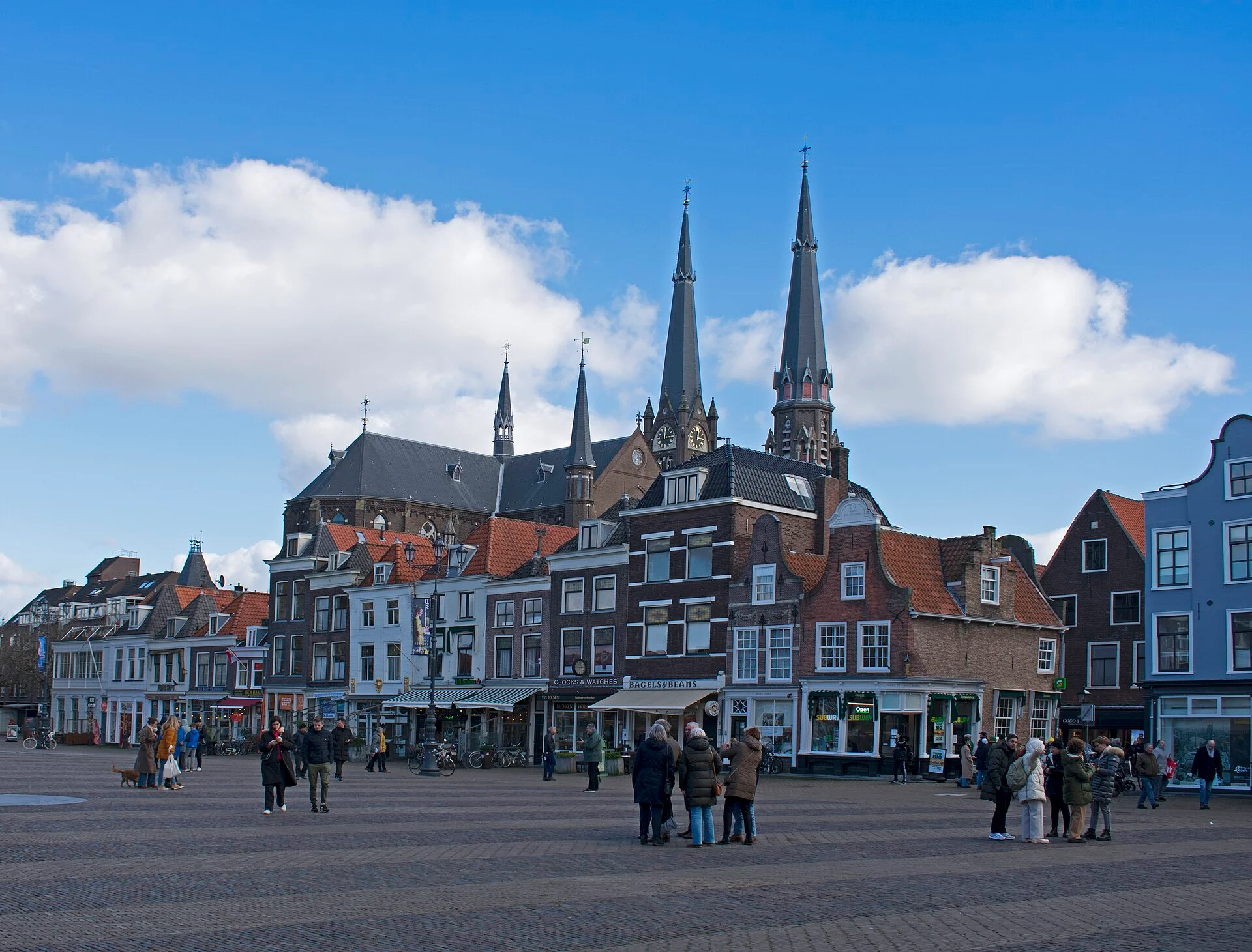 Cafe- and shop-lined edge of the Markt square in Delft