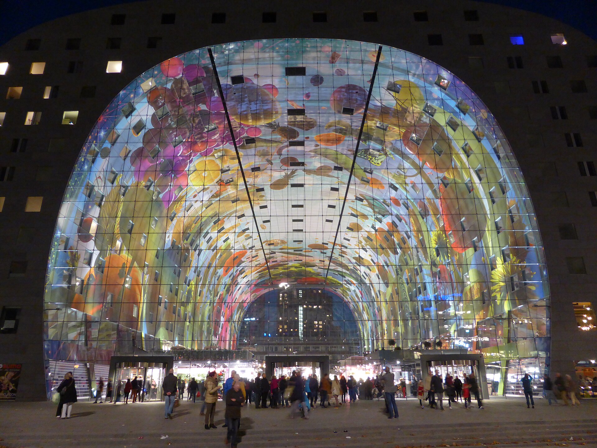 The Markthal in Rotterdam illuminated at evening