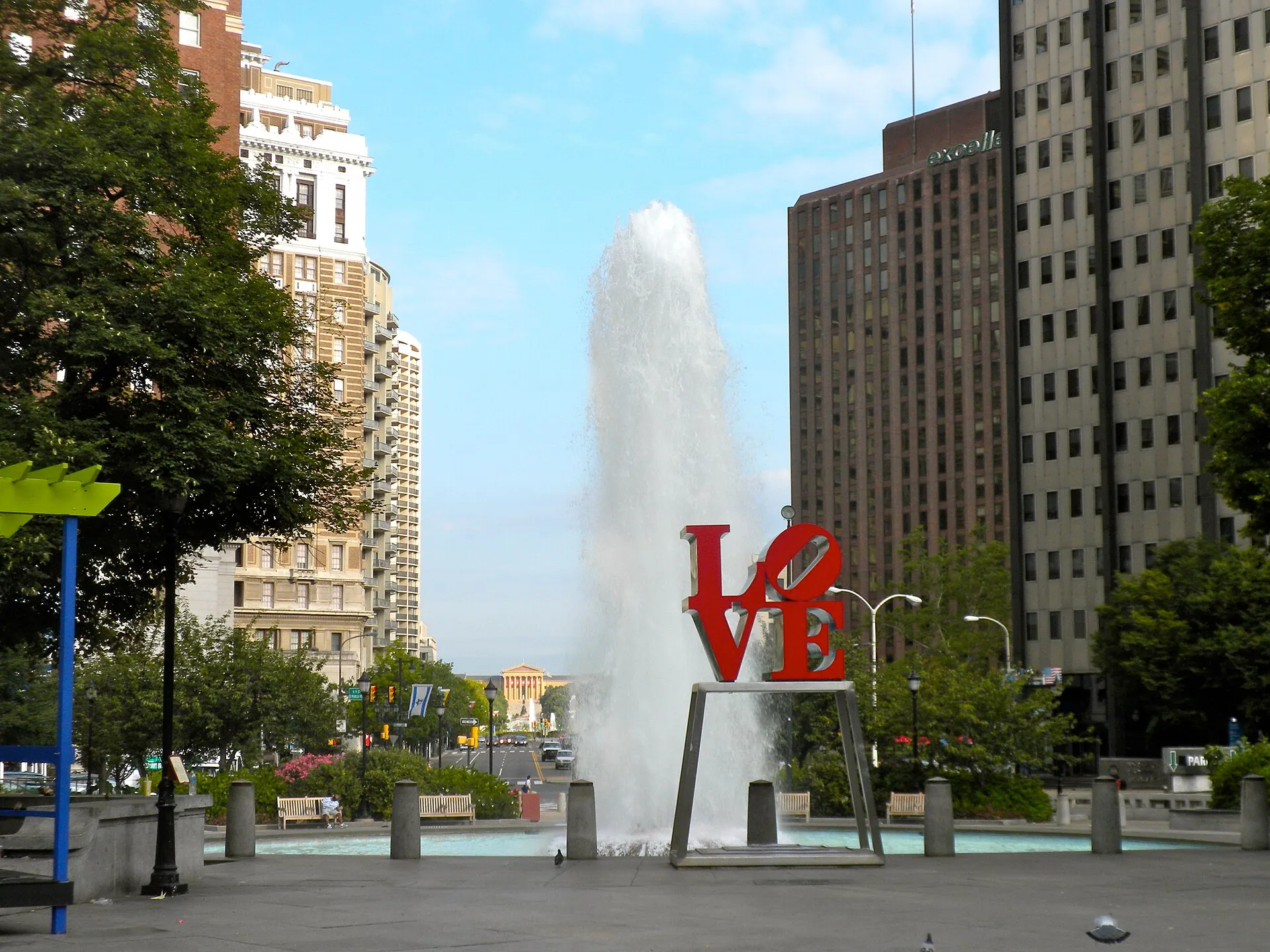 LOVE Park in Philadelphia with the LOVE sculpture and Benjamin Franklin Parkway