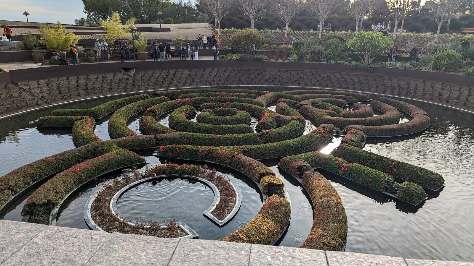 Stone fountain and terraced azalea maze in the Getty Center Central Garden