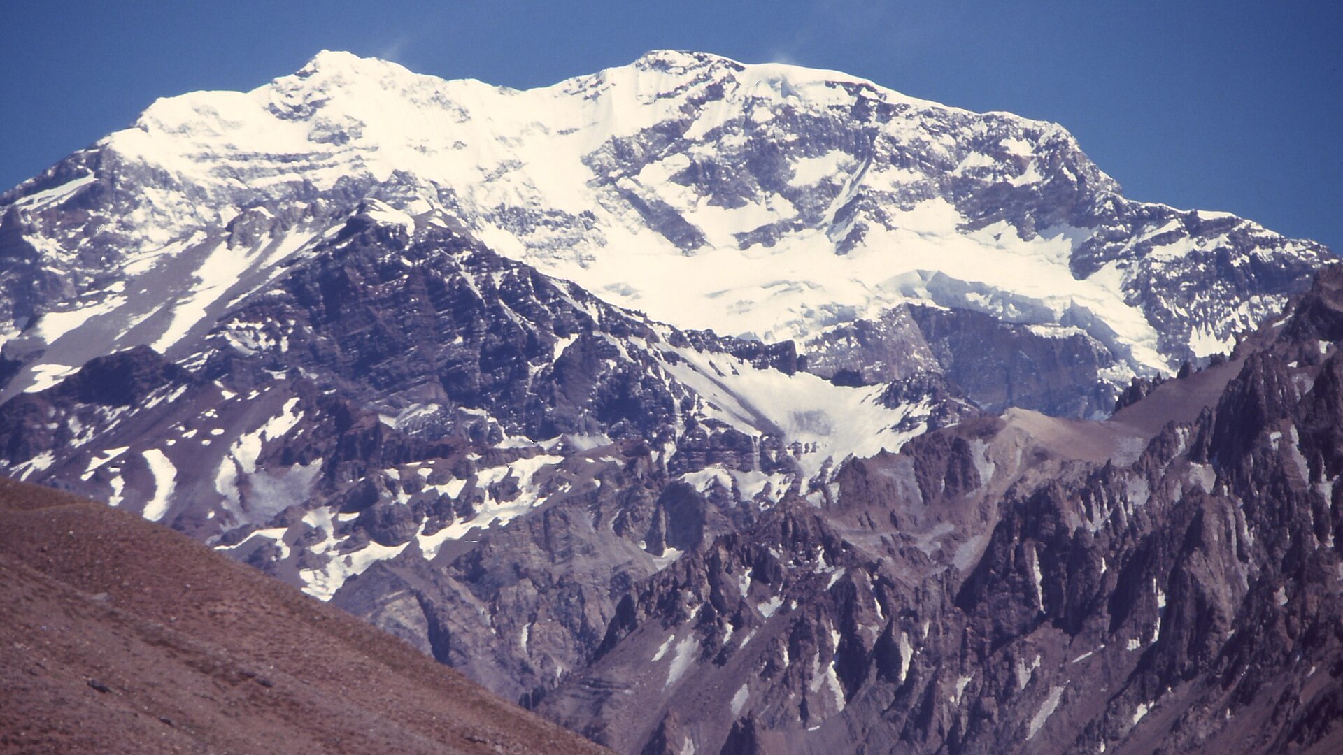 The snow-covered south face of Aconcagua, the highest peak in the Americas at 6,961 meters