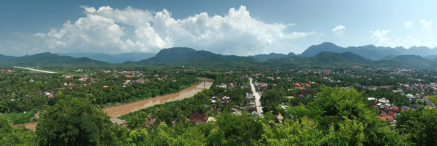 Panoramic view of Luang Prabang old town with temples and the Mekong River, Laos