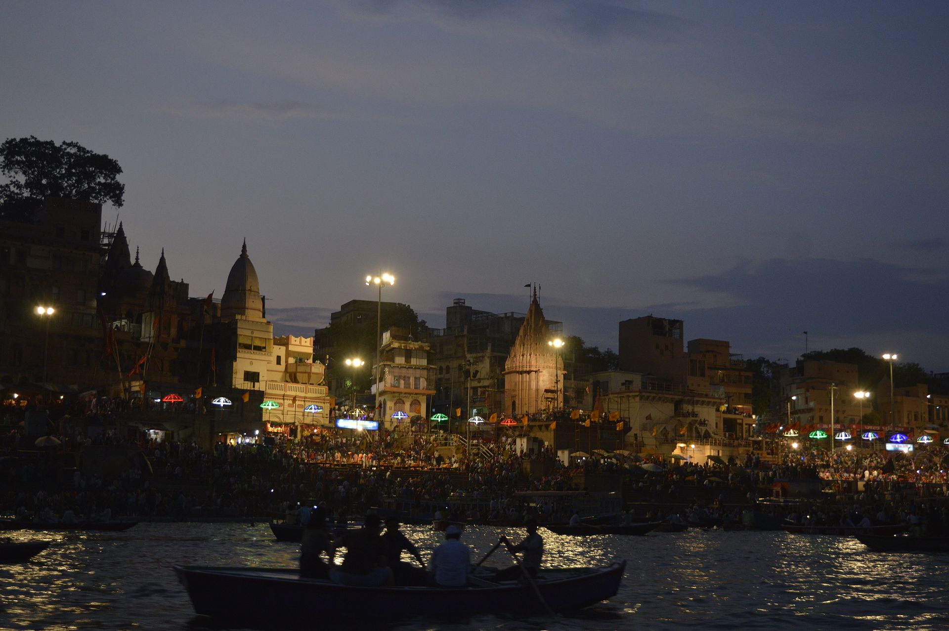 Dashashwamedh Ghat and the Ganges riverfront illuminated at dusk in Varanasi
