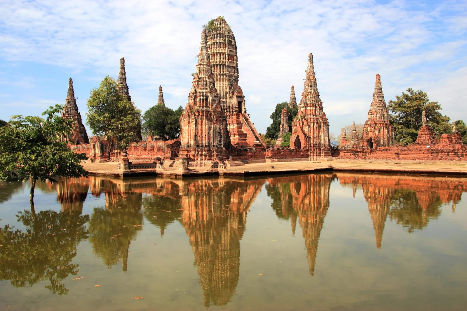 The prang towers of Wat Chaiwatthanaram reflected in the river at Ayutthaya at dusk