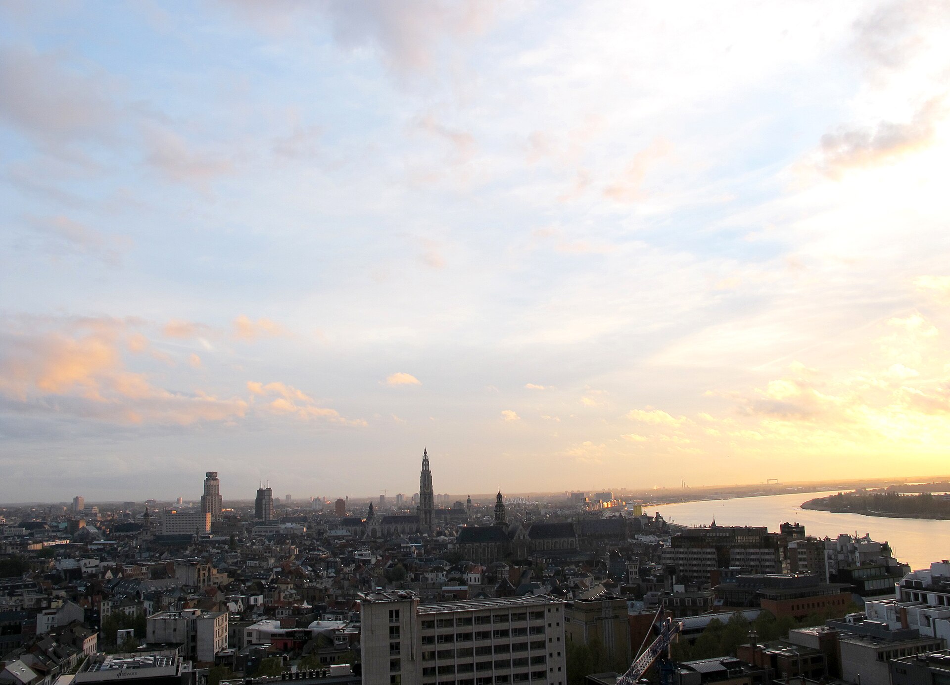 Panoramic view of Antwerp skyline at sunset